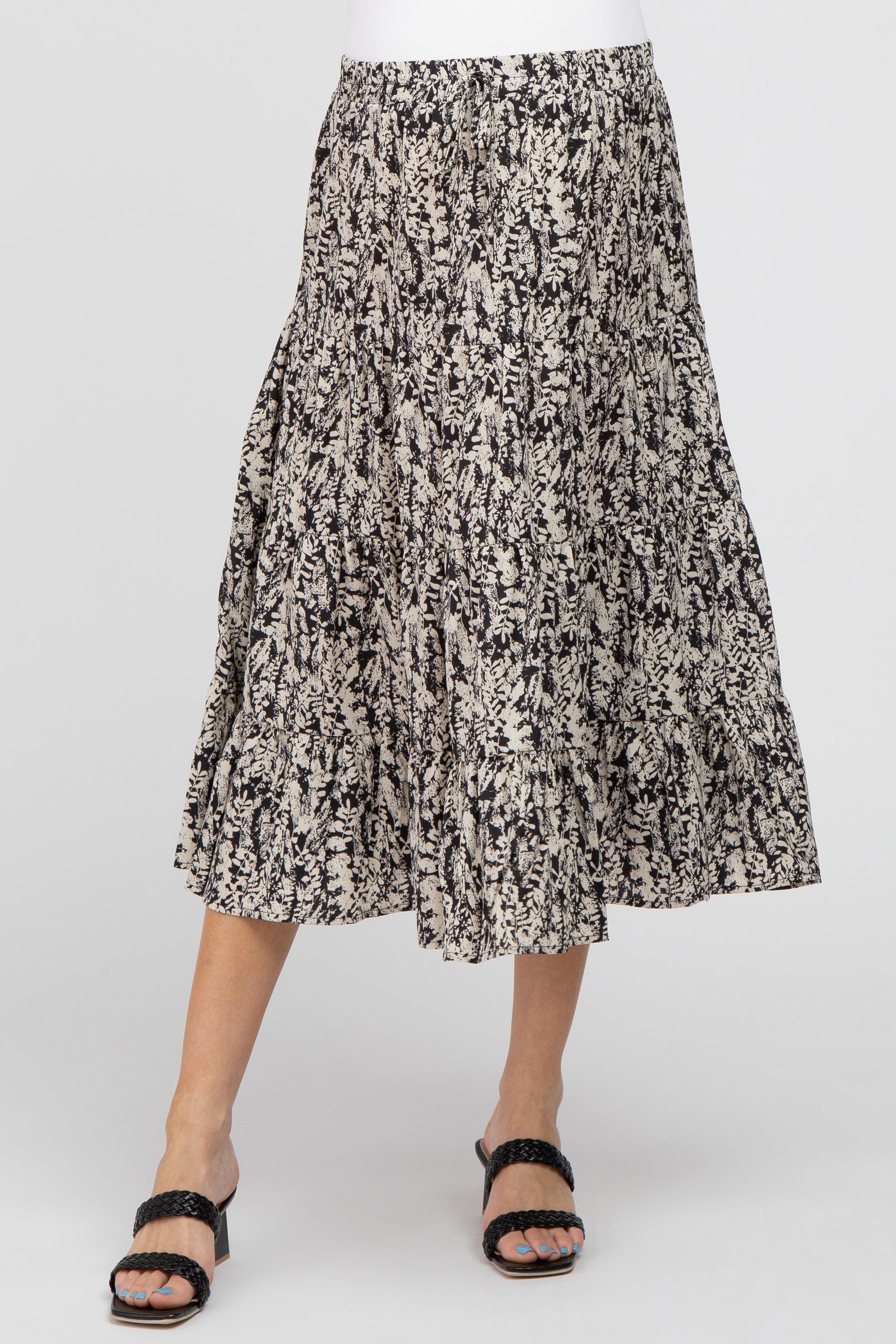 Black Leaf Print Tiered Maternity Midi Skirt sold by Pinkblush product image thumbnail 2