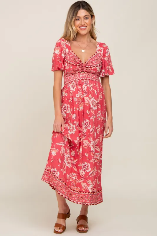 Magenta Floral Front Twist Maternity Maxi Dress sold by Pinkblush