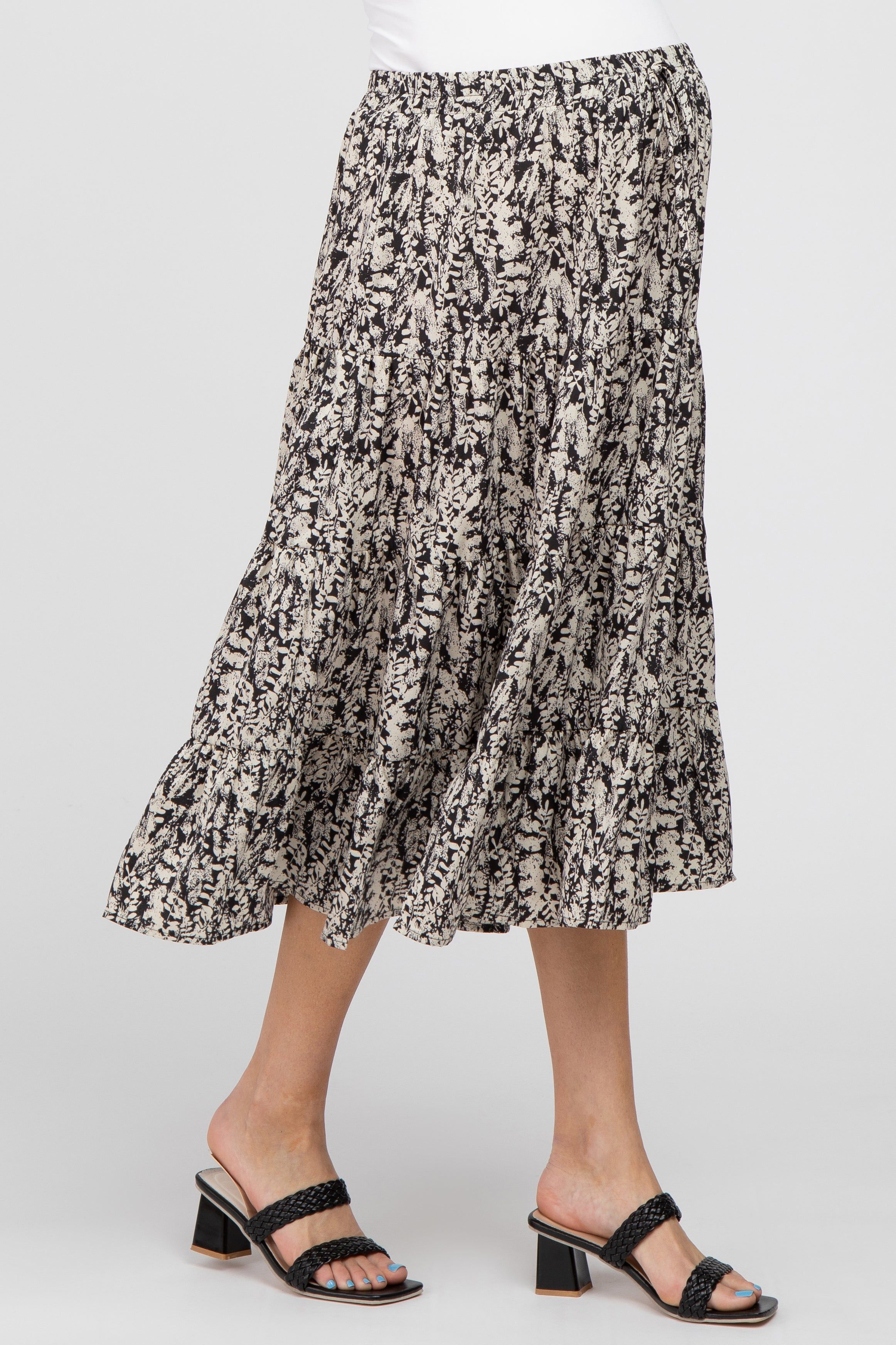 Black Leaf Print Tiered Maternity Midi Skirt sold by Pinkblush product image thumbnail 3