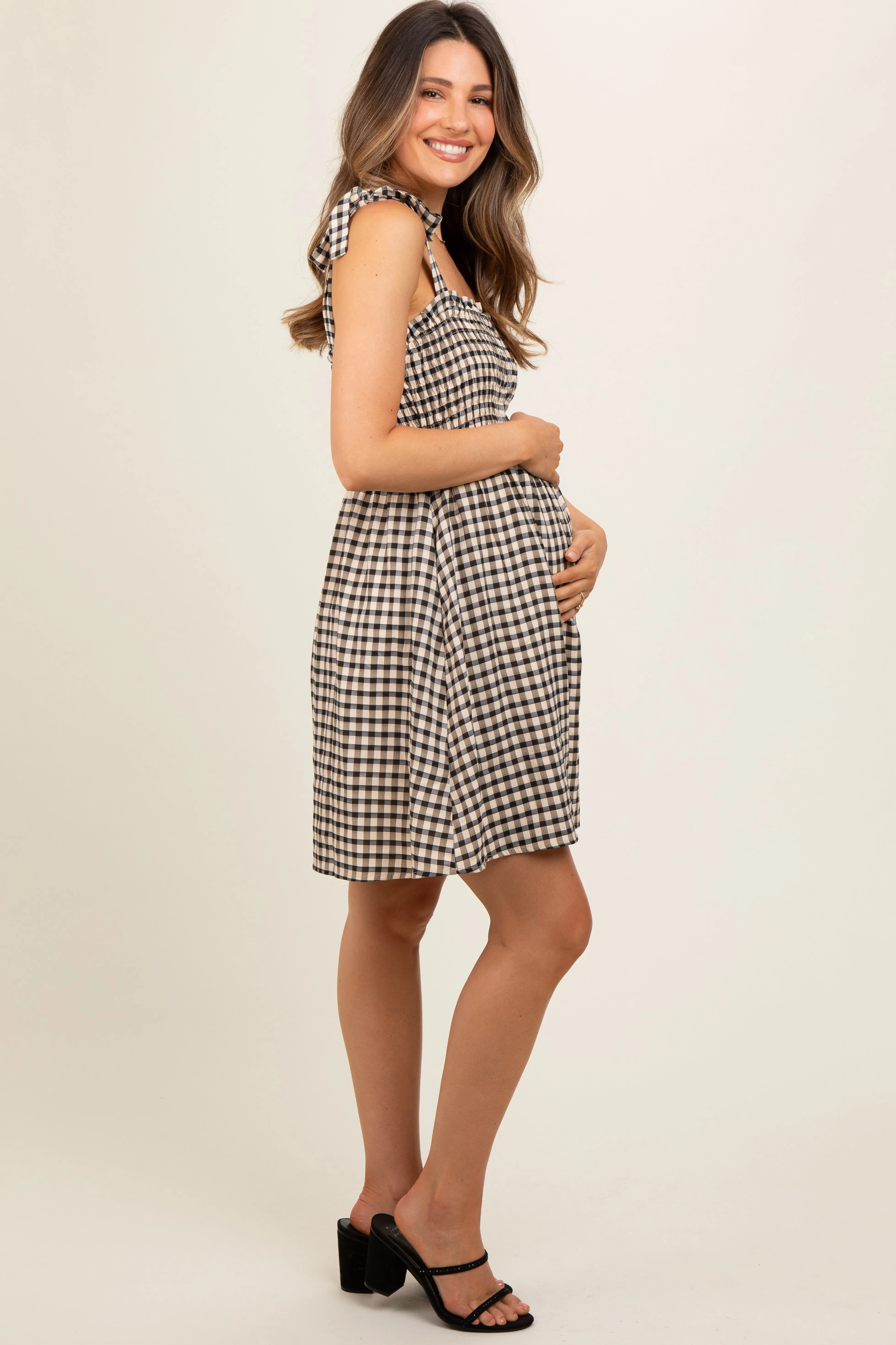 Black Gingham Shoulder Tie Maternity Dress sold by Pinkblush product image thumbnail 2