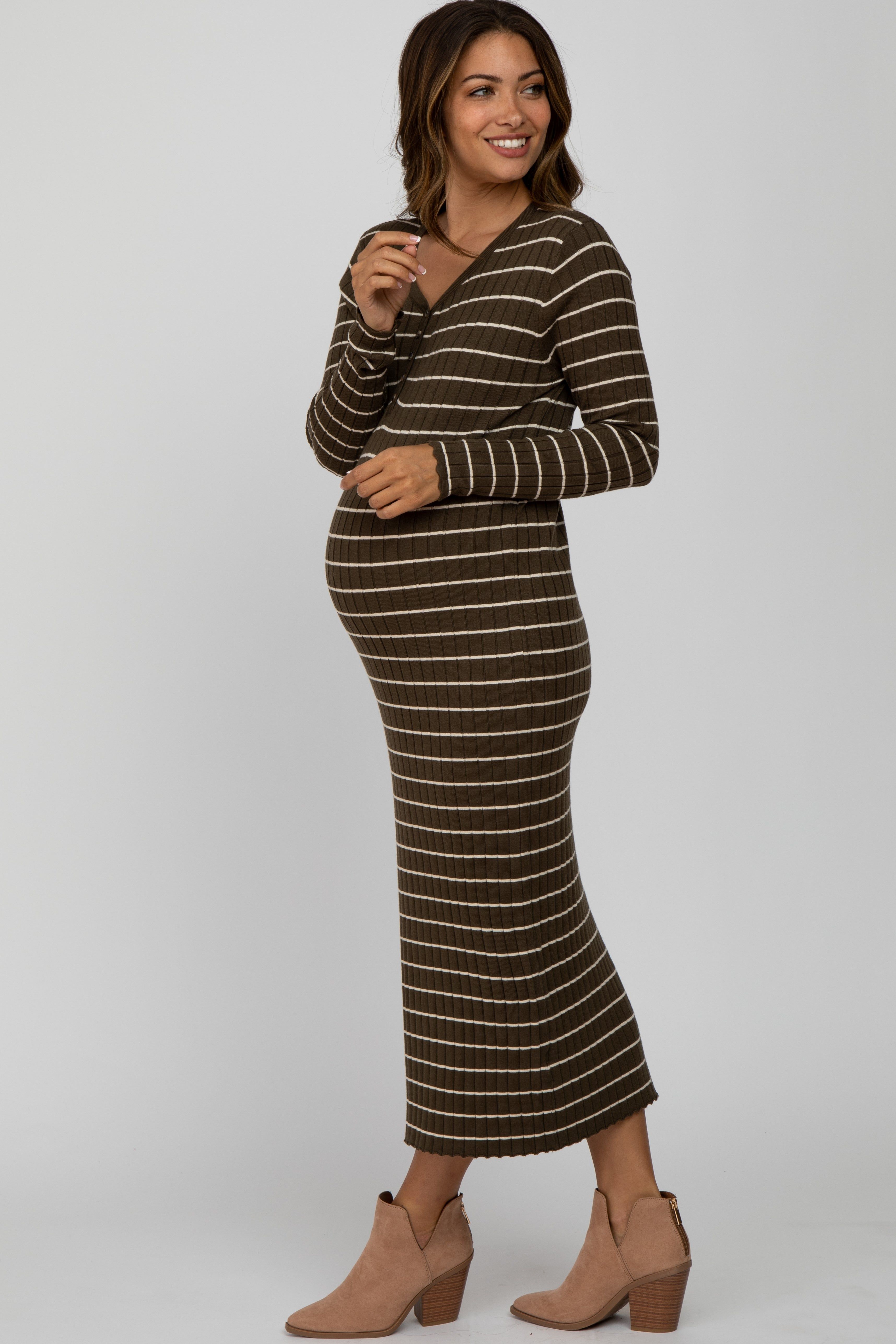 Olive Ribbed Striped Maternity Midi Dress sold by Pinkblush product image thumbnail 2