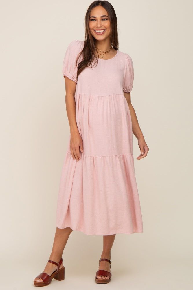 Mauve Linen Short Sleeve Tiered Back Tie Maternity Midi Dress sold by Pinkblush