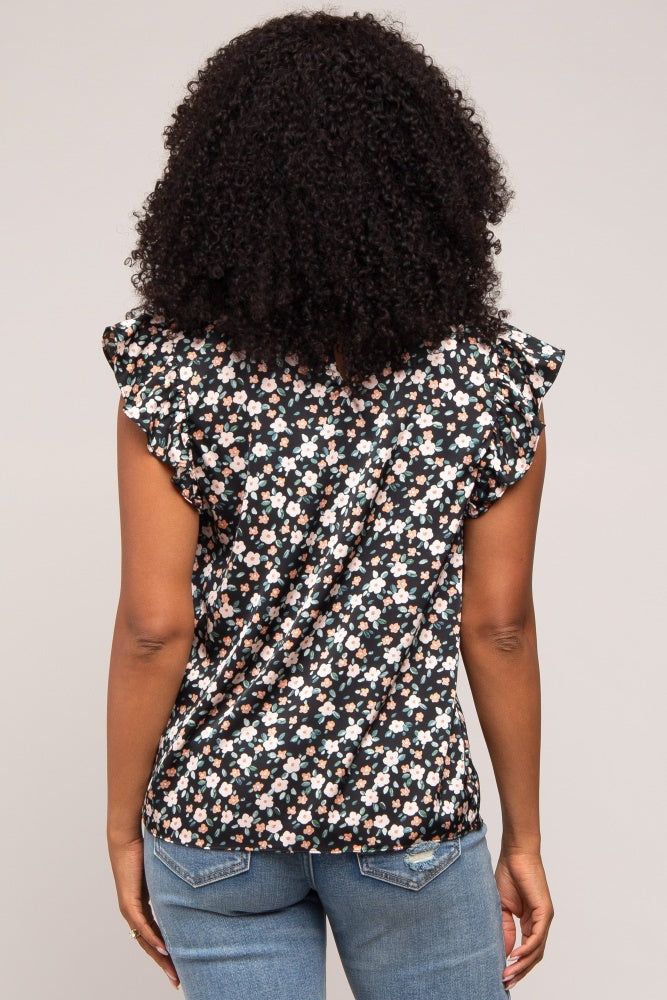 Black Floral Satin Smocked Neck Blouse sold by Pinkblush product image thumbnail 3