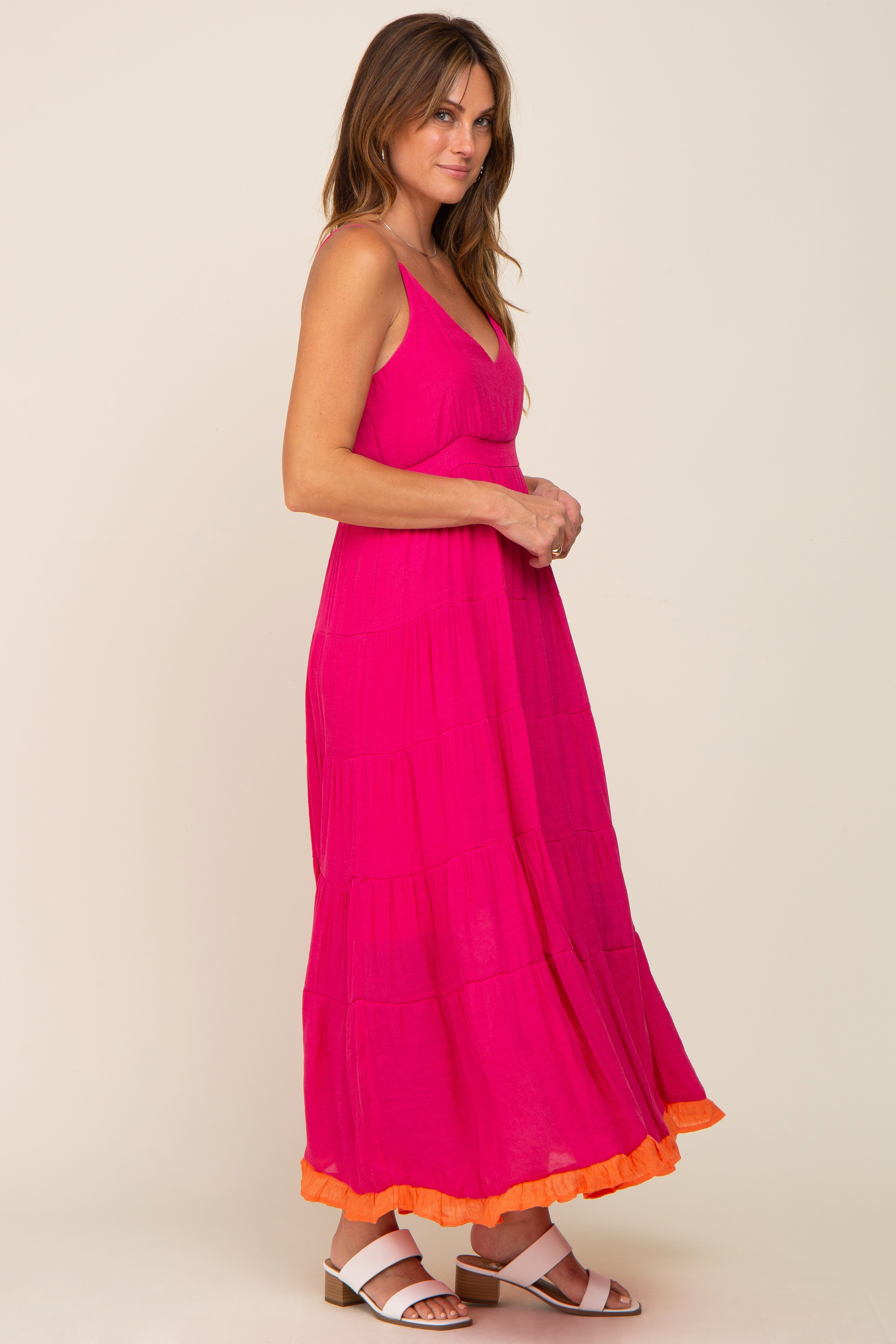 Fuchsia V-Neck Colorblocked Tiered Maxi Dress sold by Pinkblush product image thumbnail 2