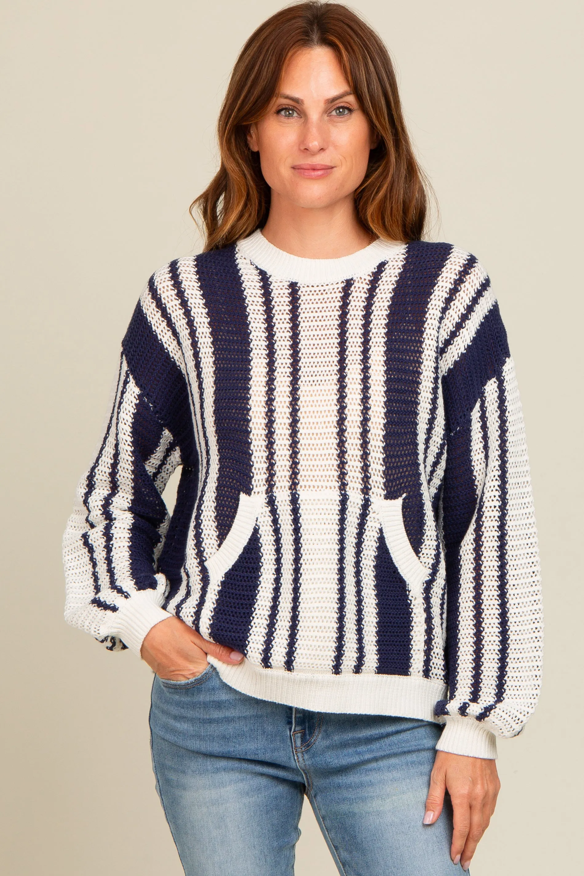 Navy Blue Striped Front Pocket Sweater sold by Pinkblush