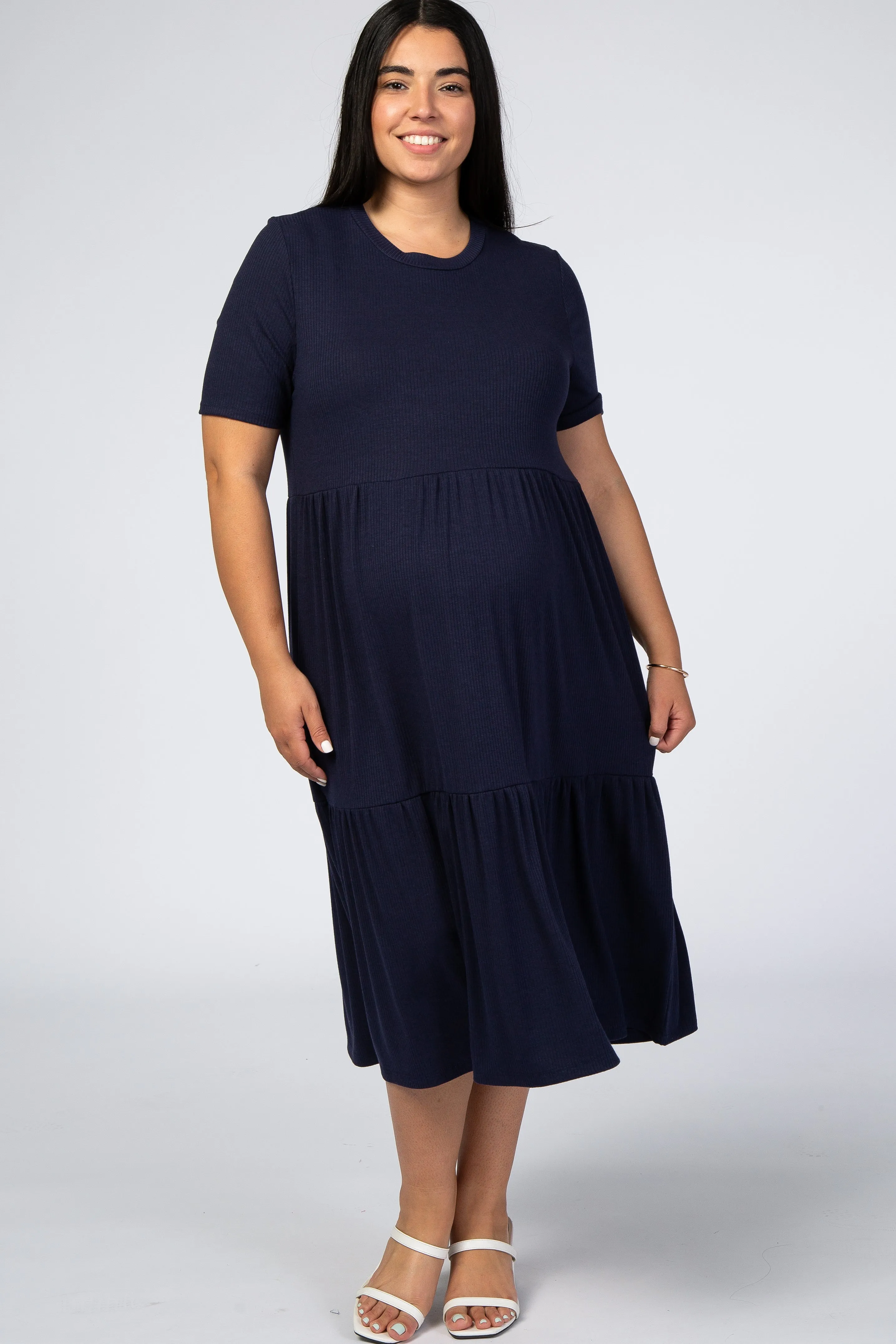 Navy Blue Ribbed Tiered Maternity Plus Dress sold by Pinkblush product image thumbnail 4