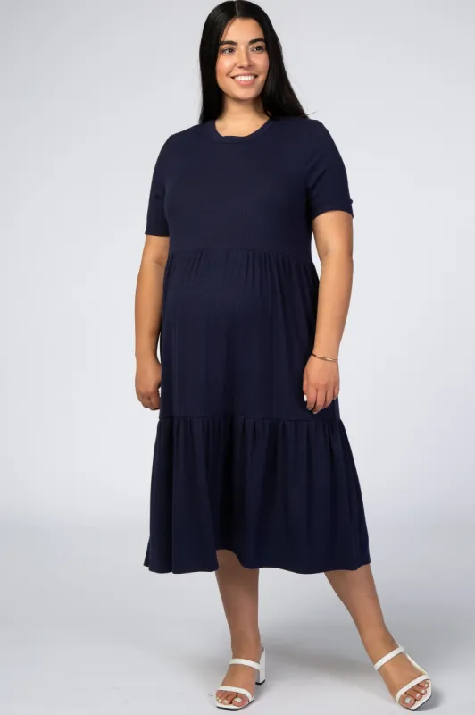 Navy Blue Ribbed Tiered Maternity Plus Dress sold by Pinkblush