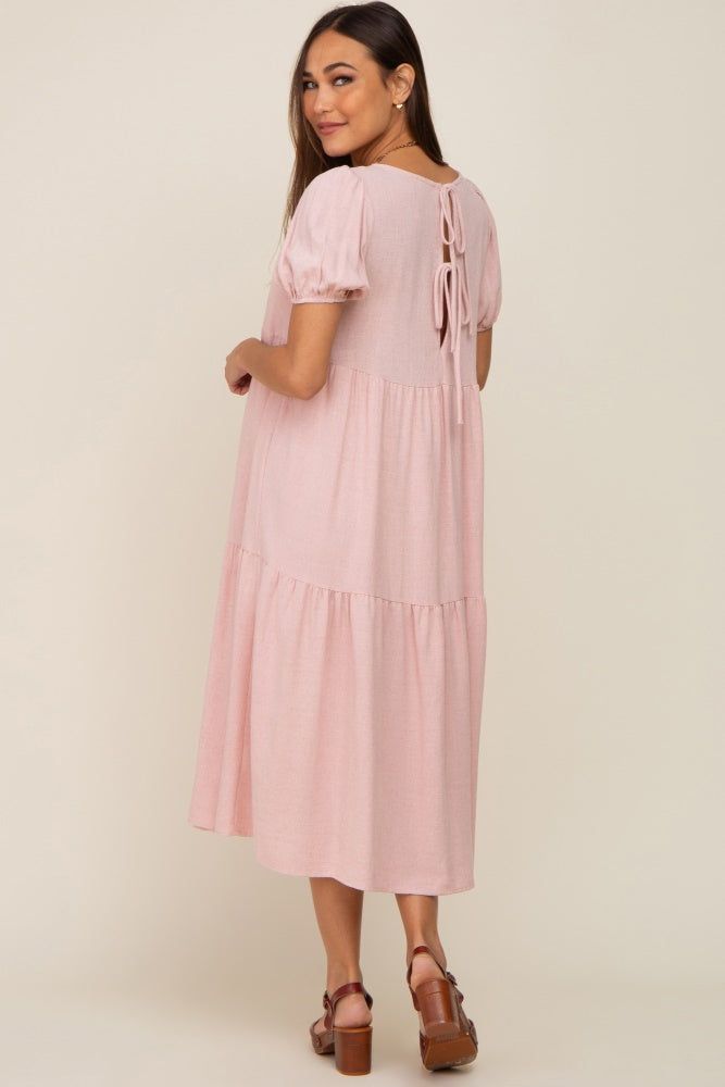Mauve Linen Short Sleeve Tiered Back Tie Maternity Midi Dress sold by Pinkblush product image thumbnail 2