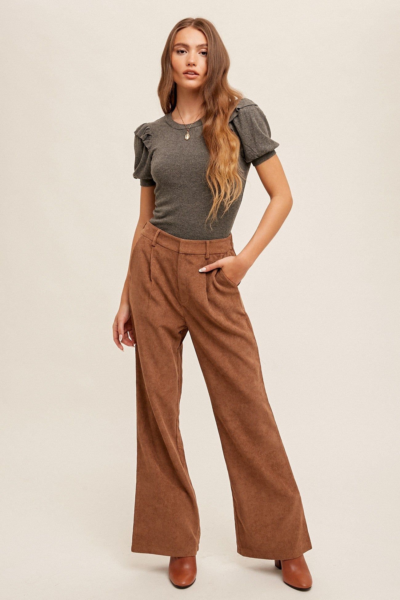 Brown Corduroy Elastic Waist Flared Pants With Pockets sold by Pinkblush