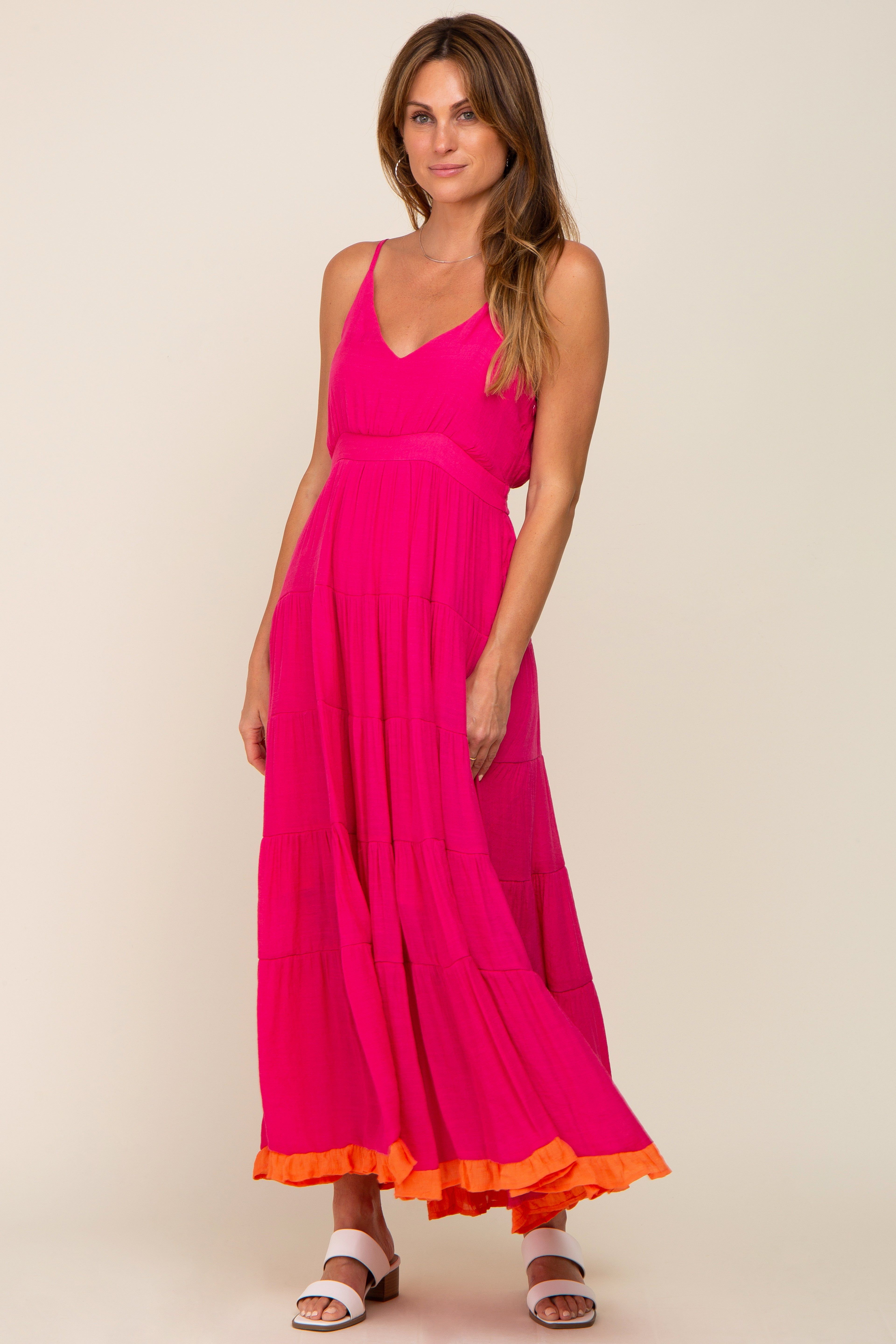 Fuchsia V-Neck Colorblocked Tiered Maxi Dress sold by Pinkblush product image thumbnail 5