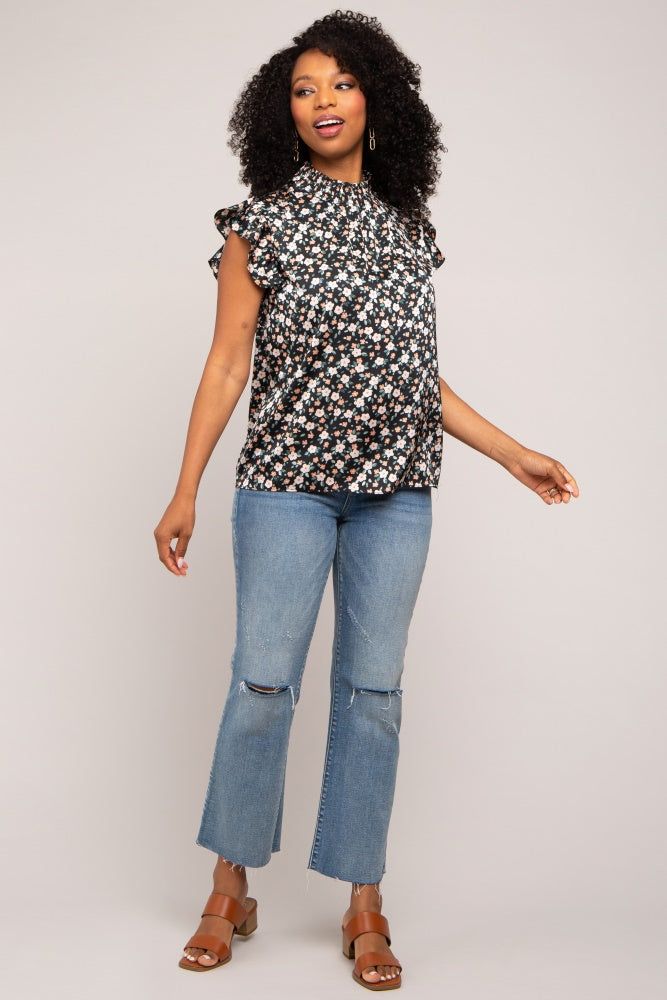 Black Floral Satin Smocked Neck Blouse sold by Pinkblush product image thumbnail 4