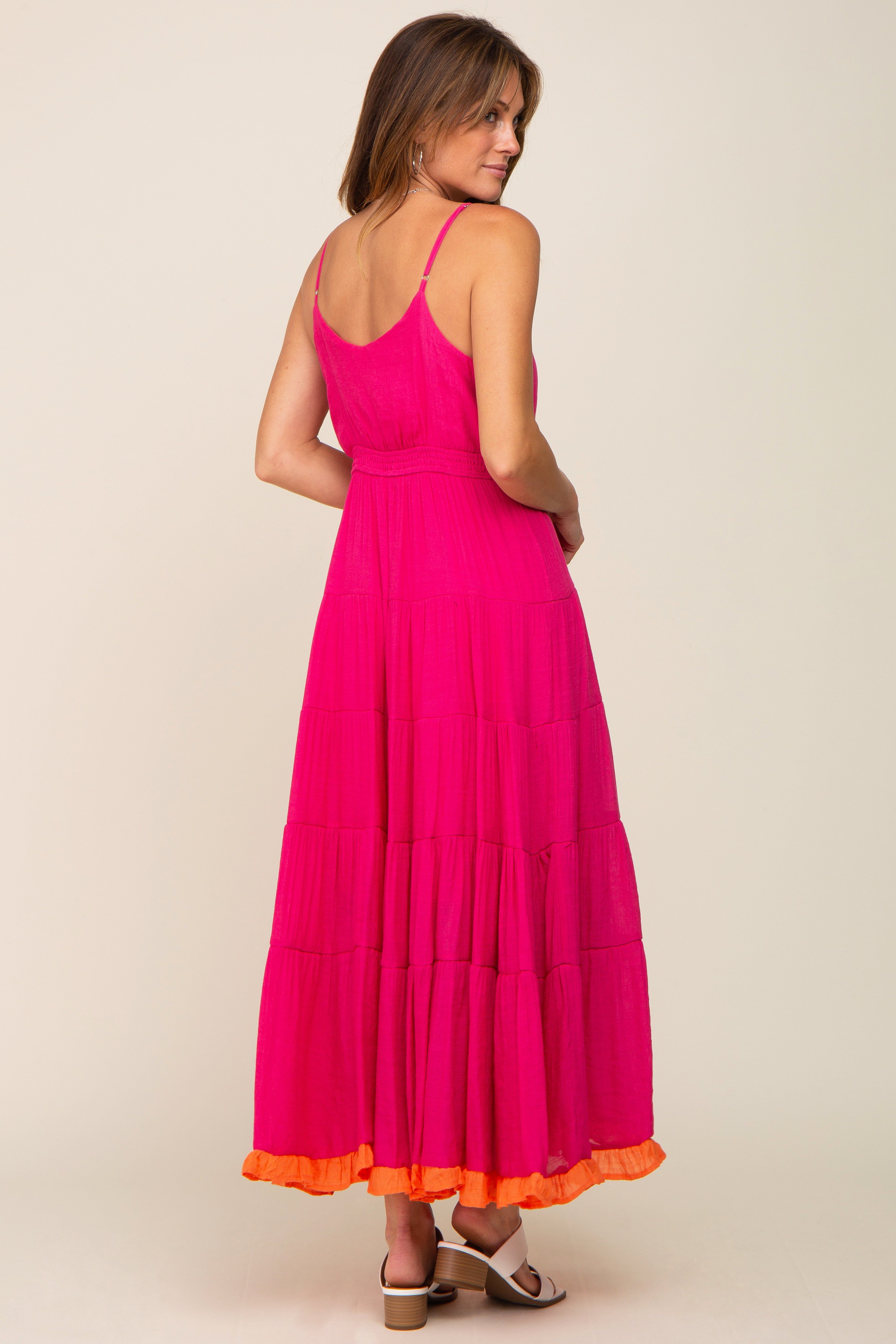 Fuchsia V-Neck Colorblocked Tiered Maxi Dress sold by Pinkblush product image thumbnail 3