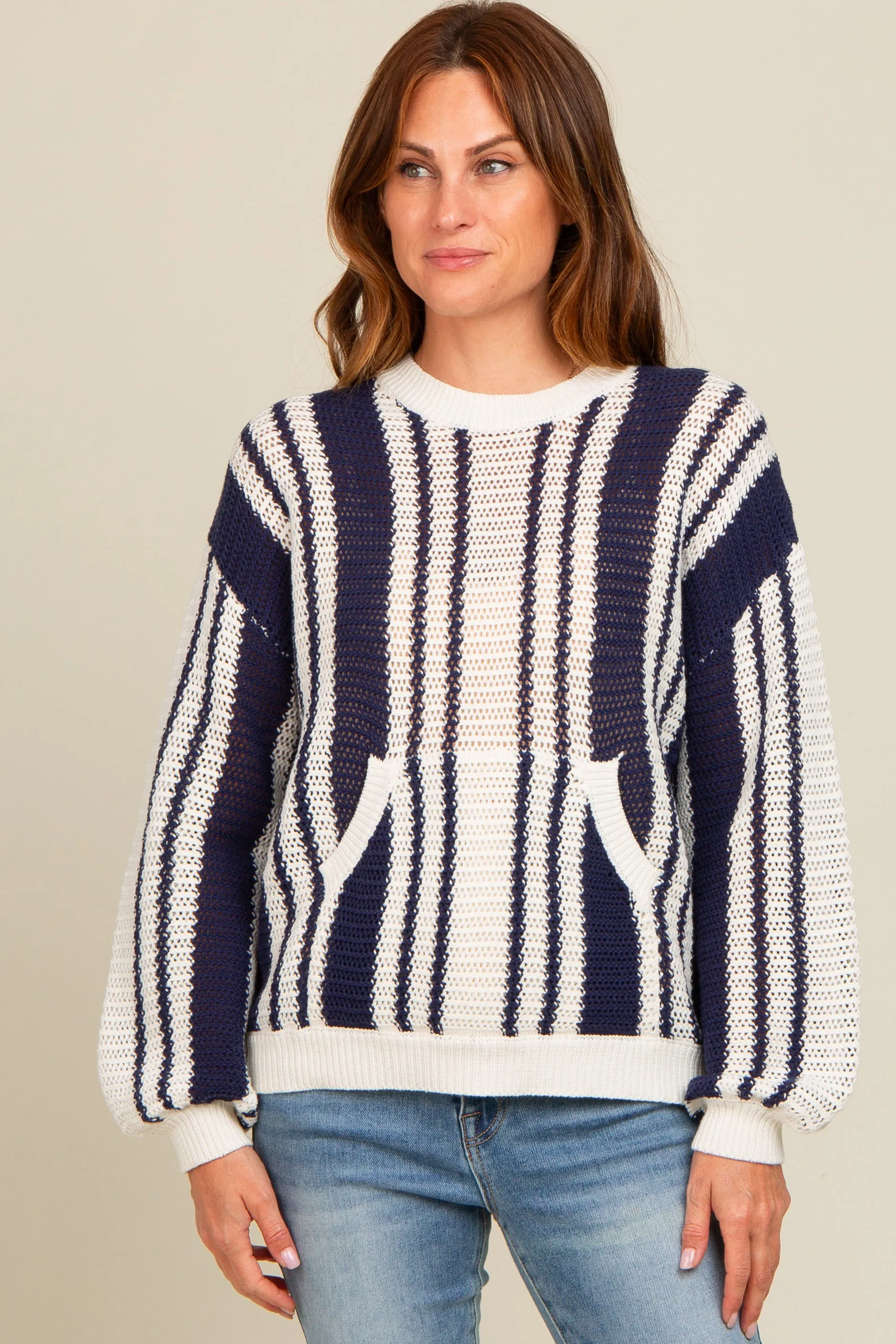 Navy Blue Striped Front Pocket Sweater sold by Pinkblush product image thumbnail 2