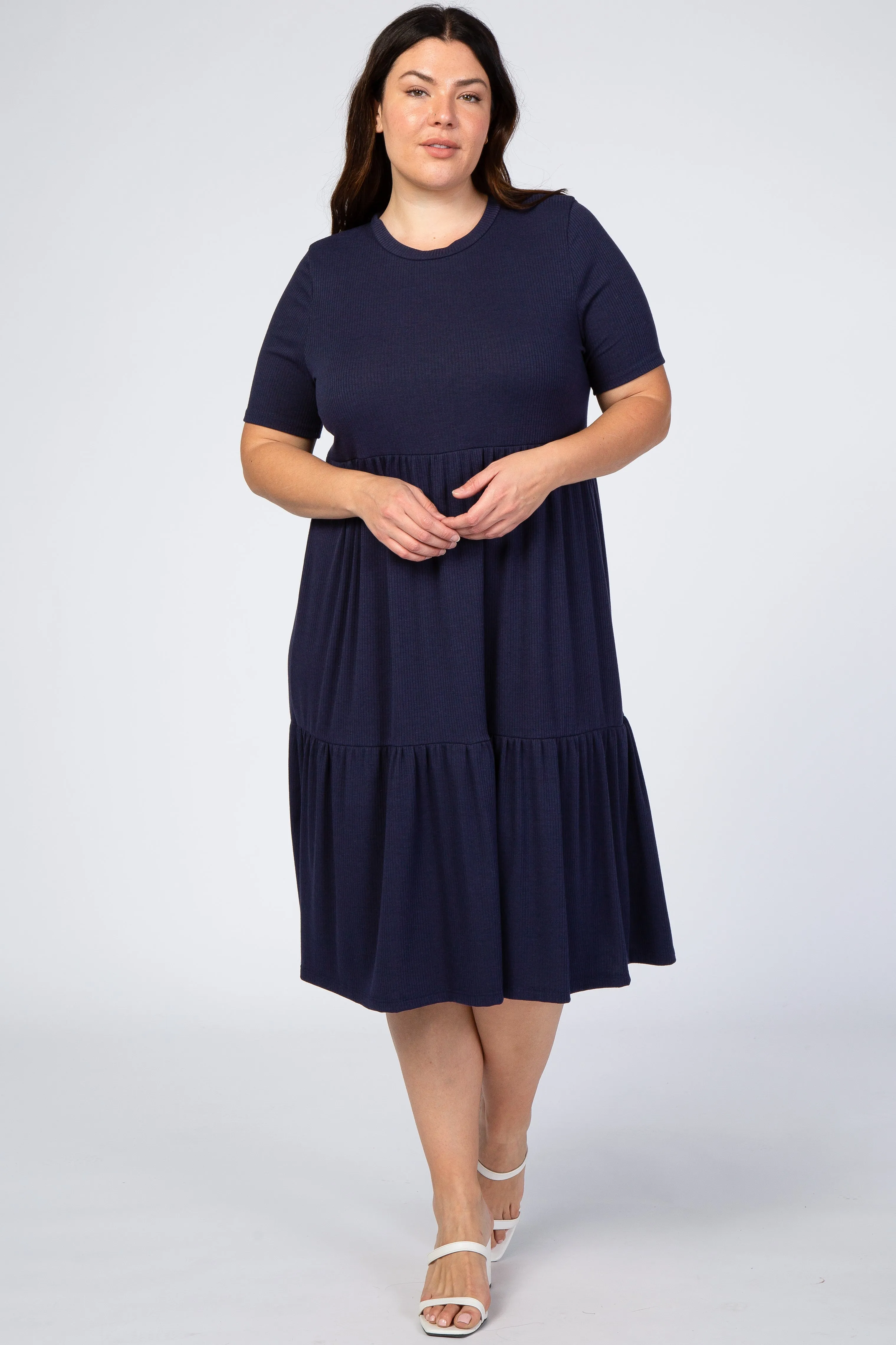 Navy Blue Ribbed Tiered Maternity Plus Dress sold by Pinkblush product image thumbnail 5