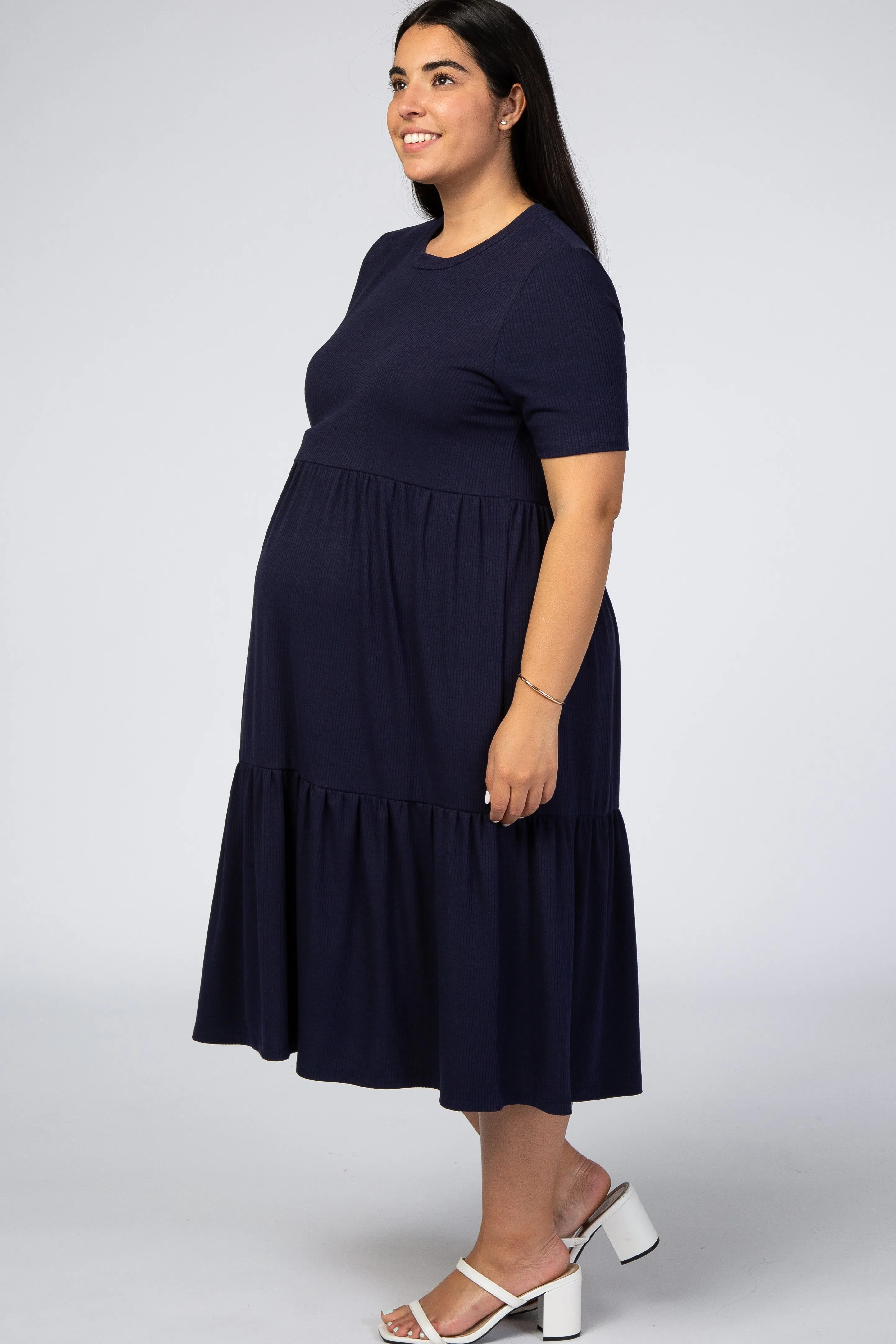 Navy Blue Ribbed Tiered Maternity Plus Dress sold by Pinkblush product image thumbnail 2