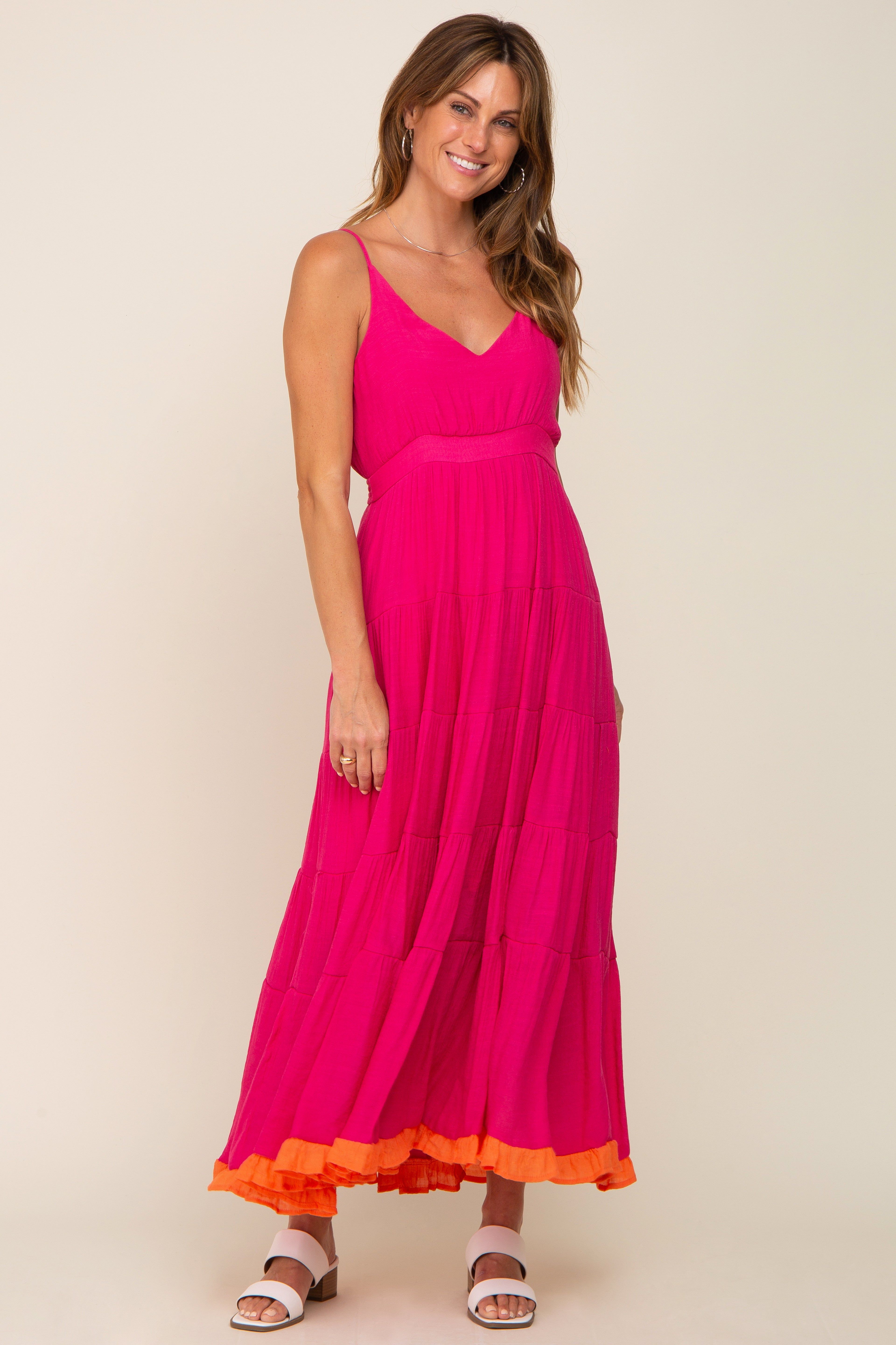 Fuchsia V-Neck Colorblocked Tiered Maxi Dress sold by Pinkblush product image thumbnail 4