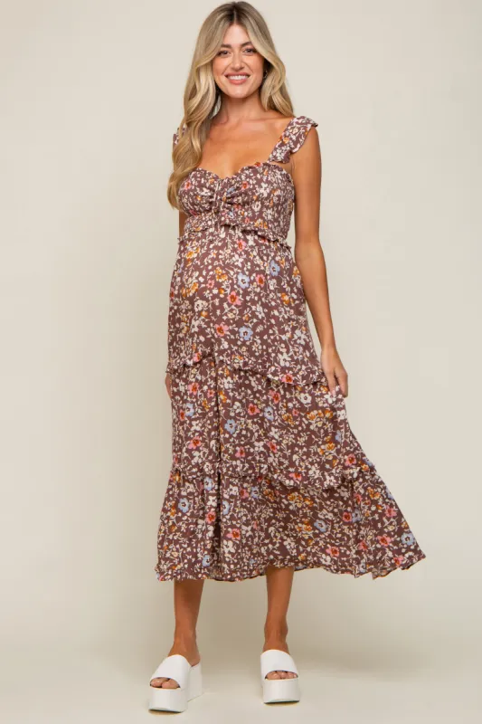 Brown Floral Cinched Tiered Maternity Midi Dress sold by Pinkblush
