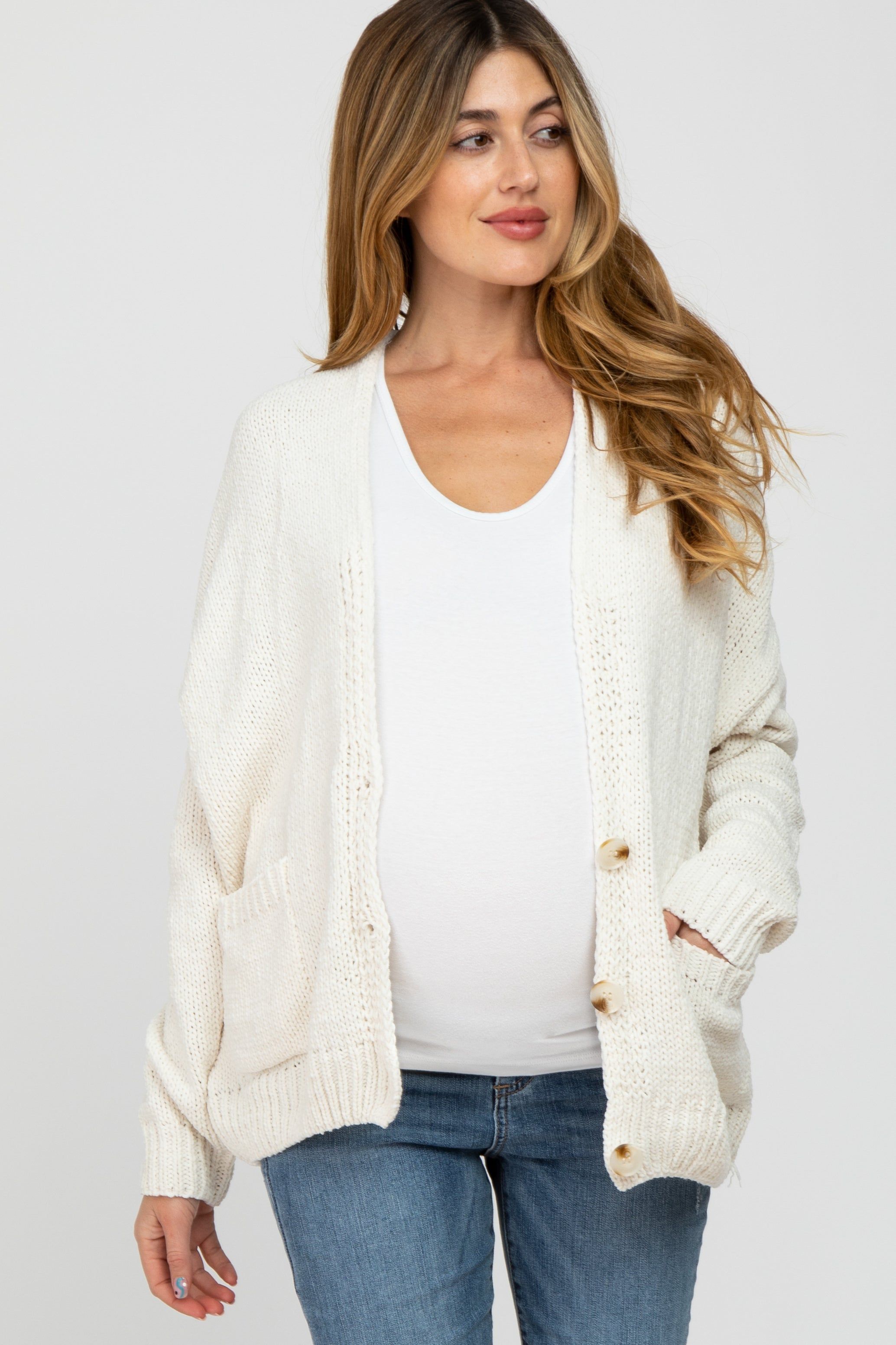 Ivory Oversized Deep V-Neck Maternity Cardigan sold by Pinkblush