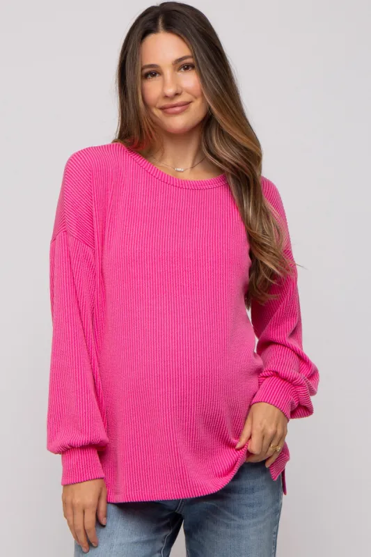 Fuchsia Ribbed Long Sleeve Maternity Top sold by Pinkblush