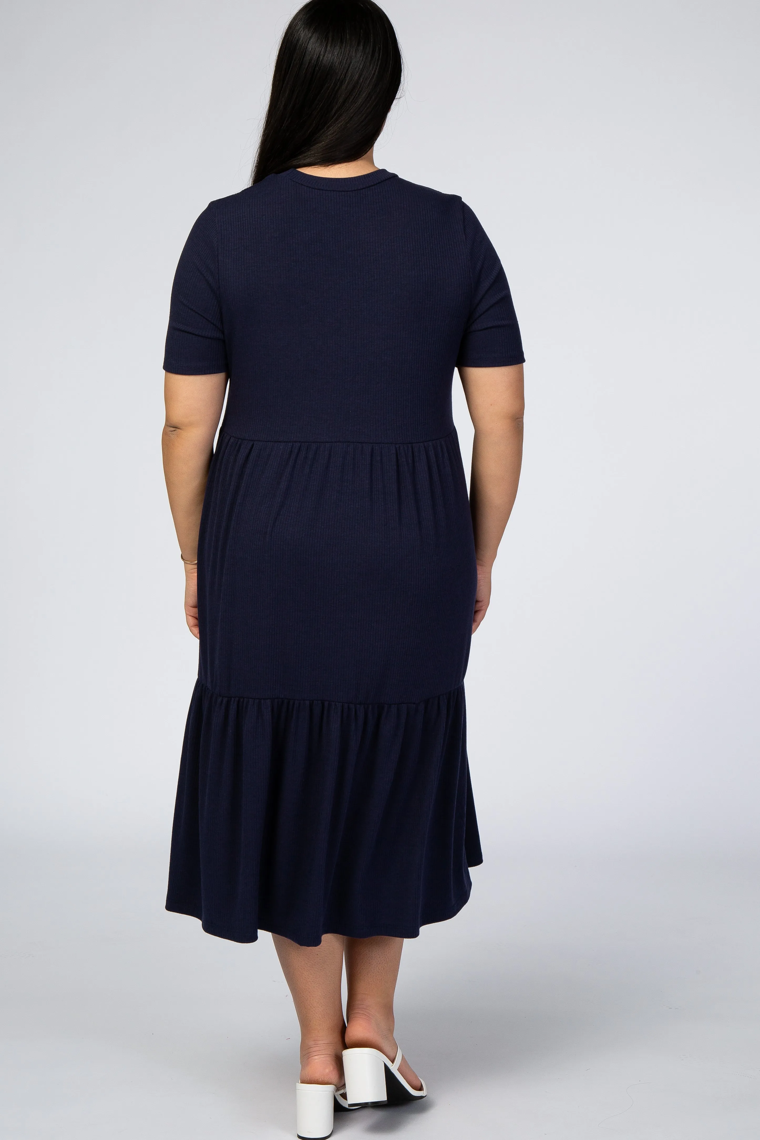 Navy Blue Ribbed Tiered Maternity Plus Dress sold by Pinkblush product image thumbnail 3