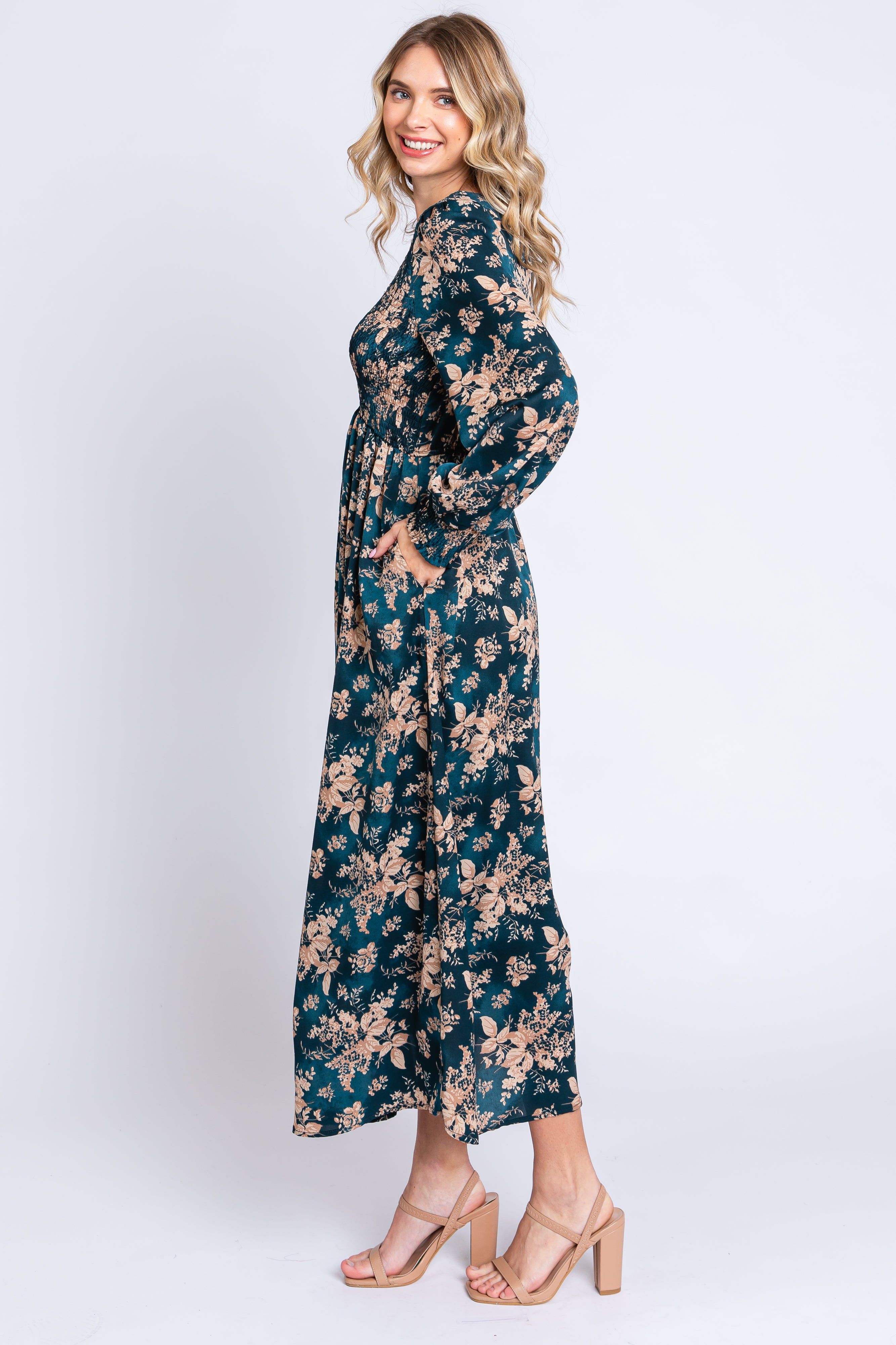 Teal Floral Long Sleeve Maxi Dress sold by Pinkblush product image thumbnail 2
