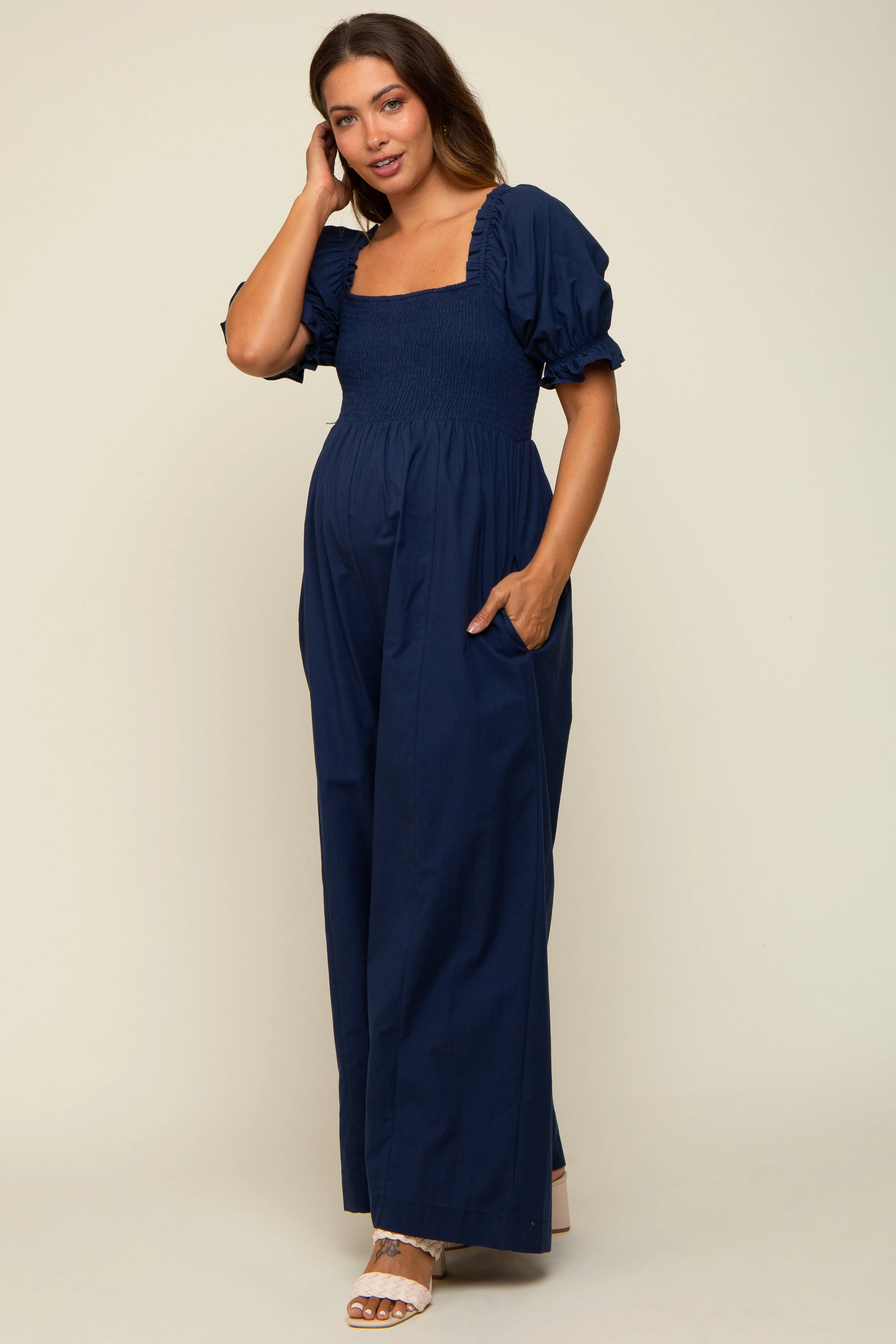 Navy Smocked Square Neck Wide Leg Maternity Jumpsuit sold by Pinkblush product image thumbnail 2