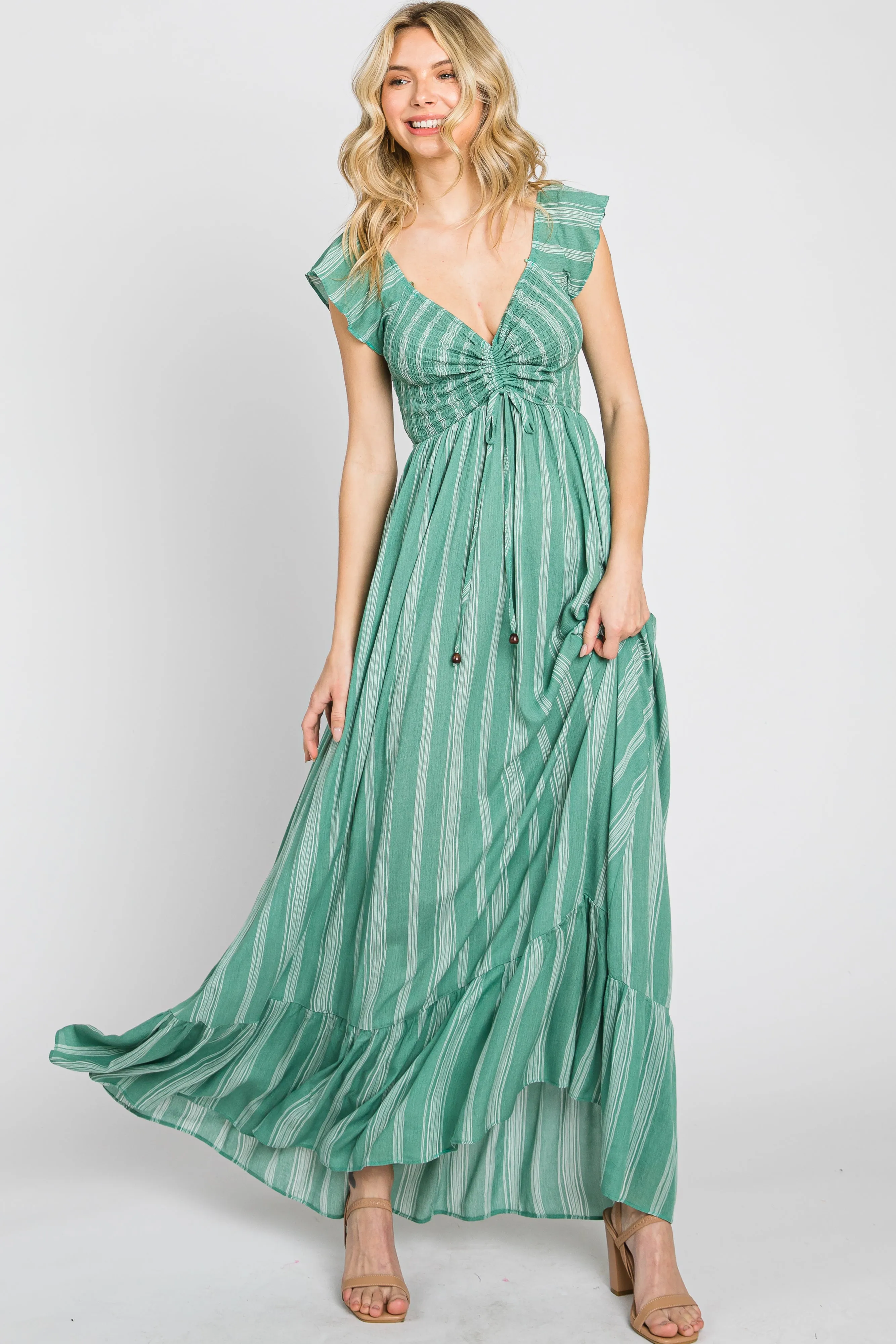 Green Striped Off Shoulder Front Tie Maternity Maxi Dress sold by Pinkblush product image thumbnail 5