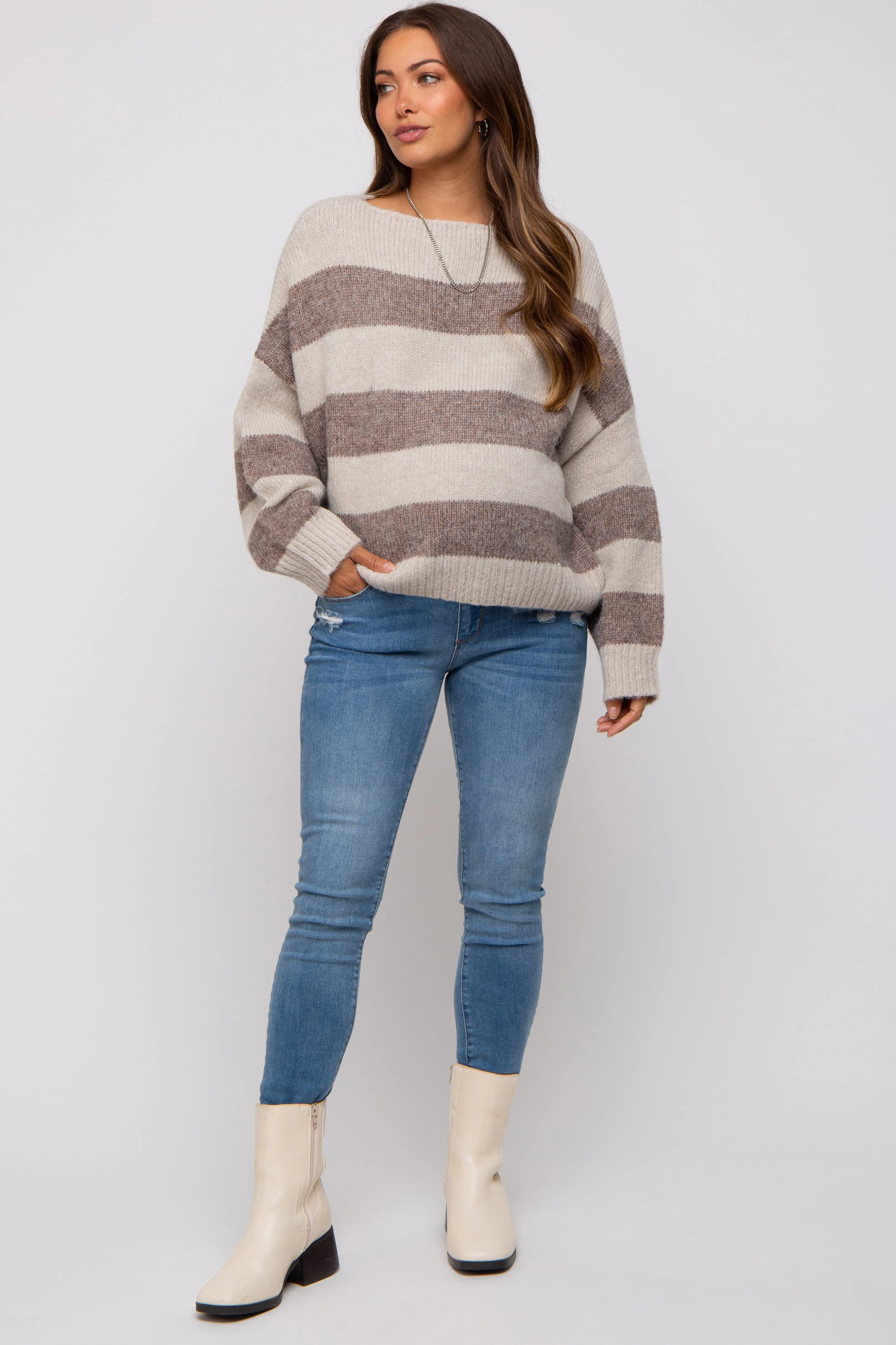 Brown Striped Knit Cropped Maternity Sweater sold by Pinkblush product image thumbnail 2