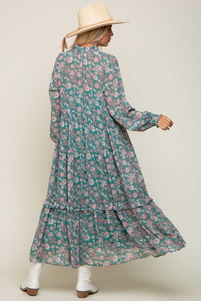 Jade Floral Chiffon Ruffle Trim Button Front Long Sleeve Midi Dress sold by Pinkblush product image thumbnail 3