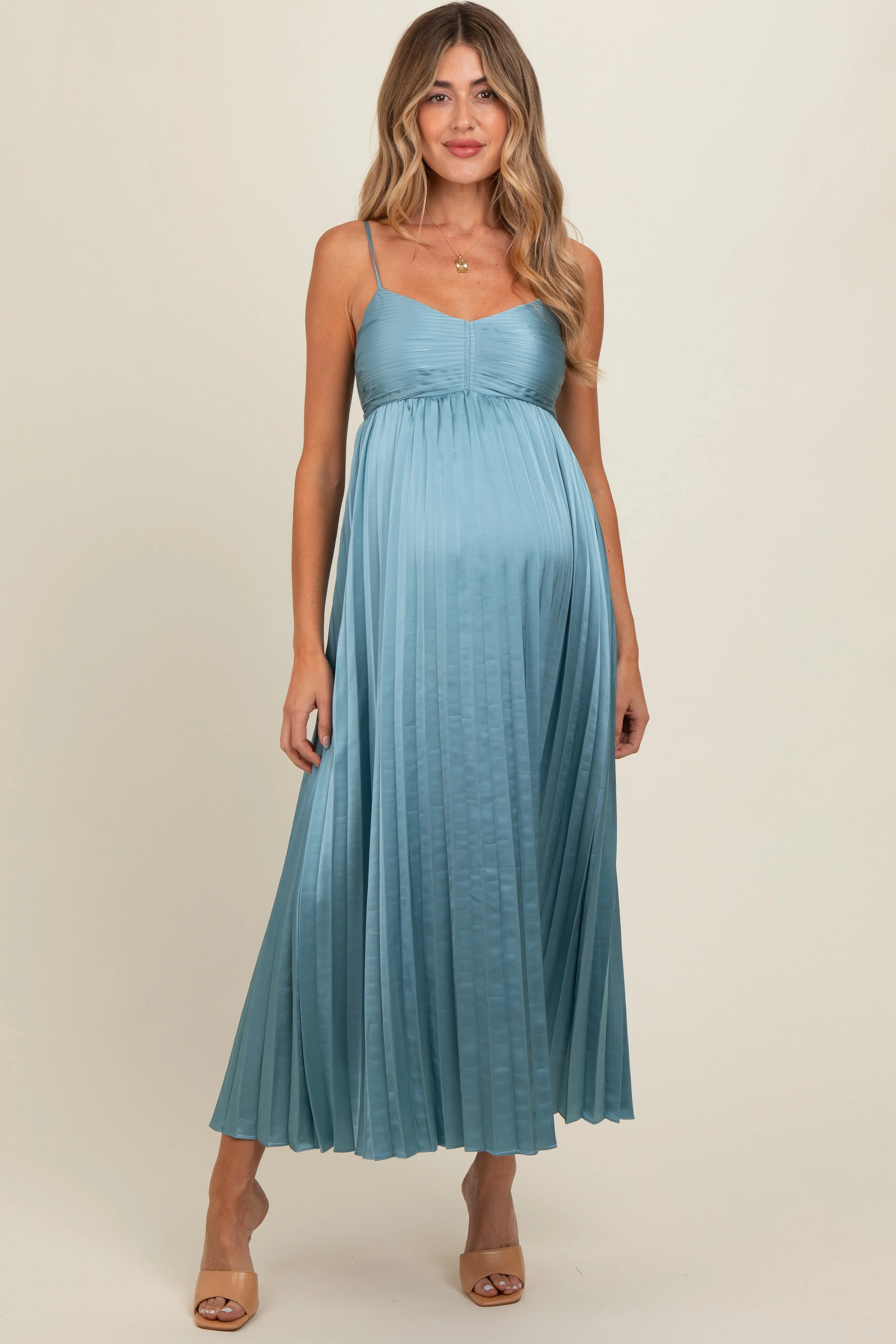 Blue Satin Pleated Maternity Midi Dress sold by Pinkblush
