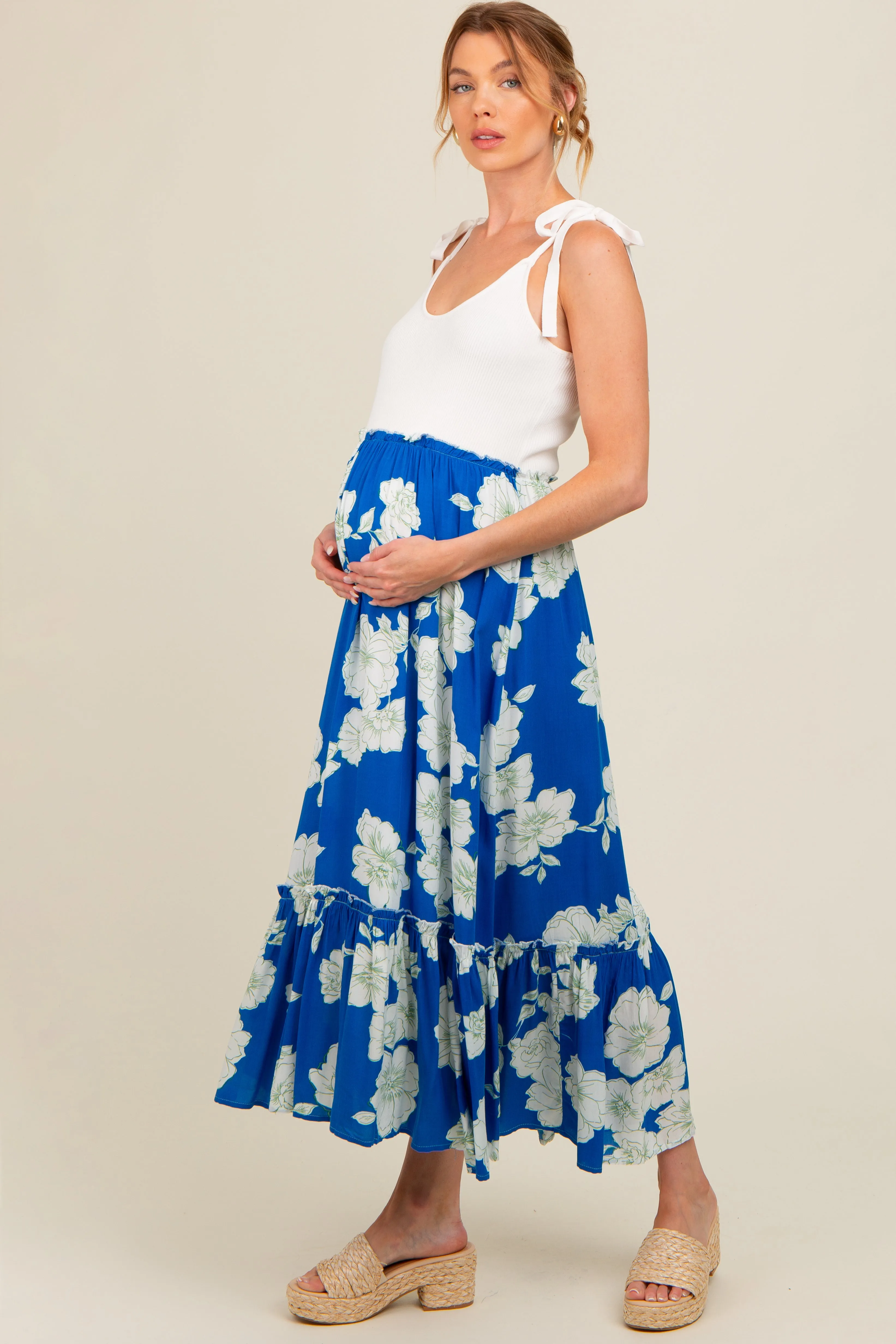 Royal Blue Floral Colorblock Maternity Midi Dress sold by Pinkblush