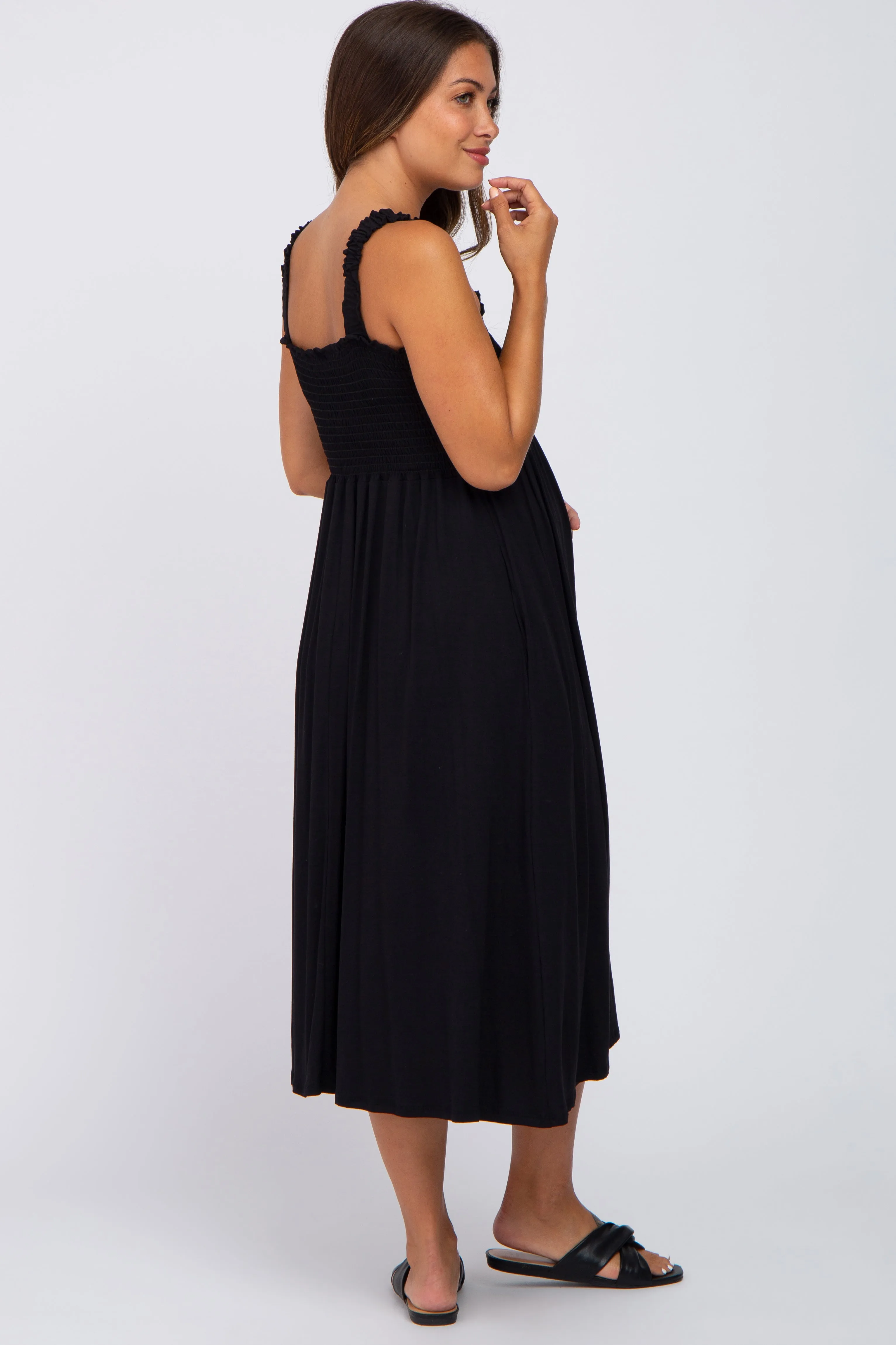 Black Smocked Ruffle Strap Maternity Midi Dress sold by Pinkblush product image thumbnail 3
