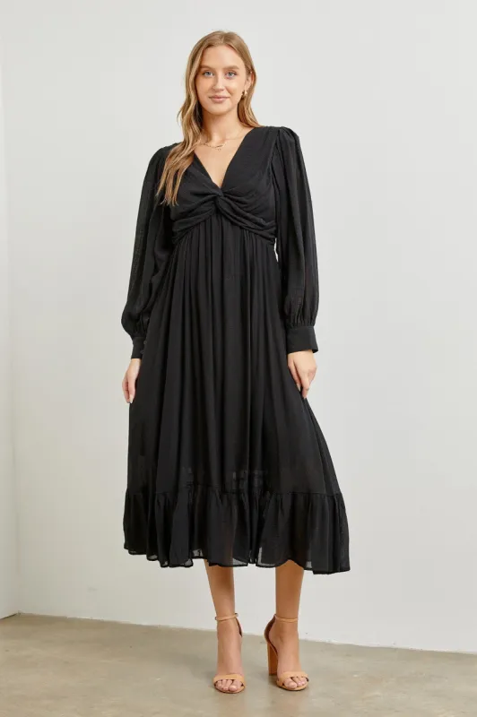 Black Twisted Front Long Sleeve Ruffle Hem Midi Dress sold by Pinkblush