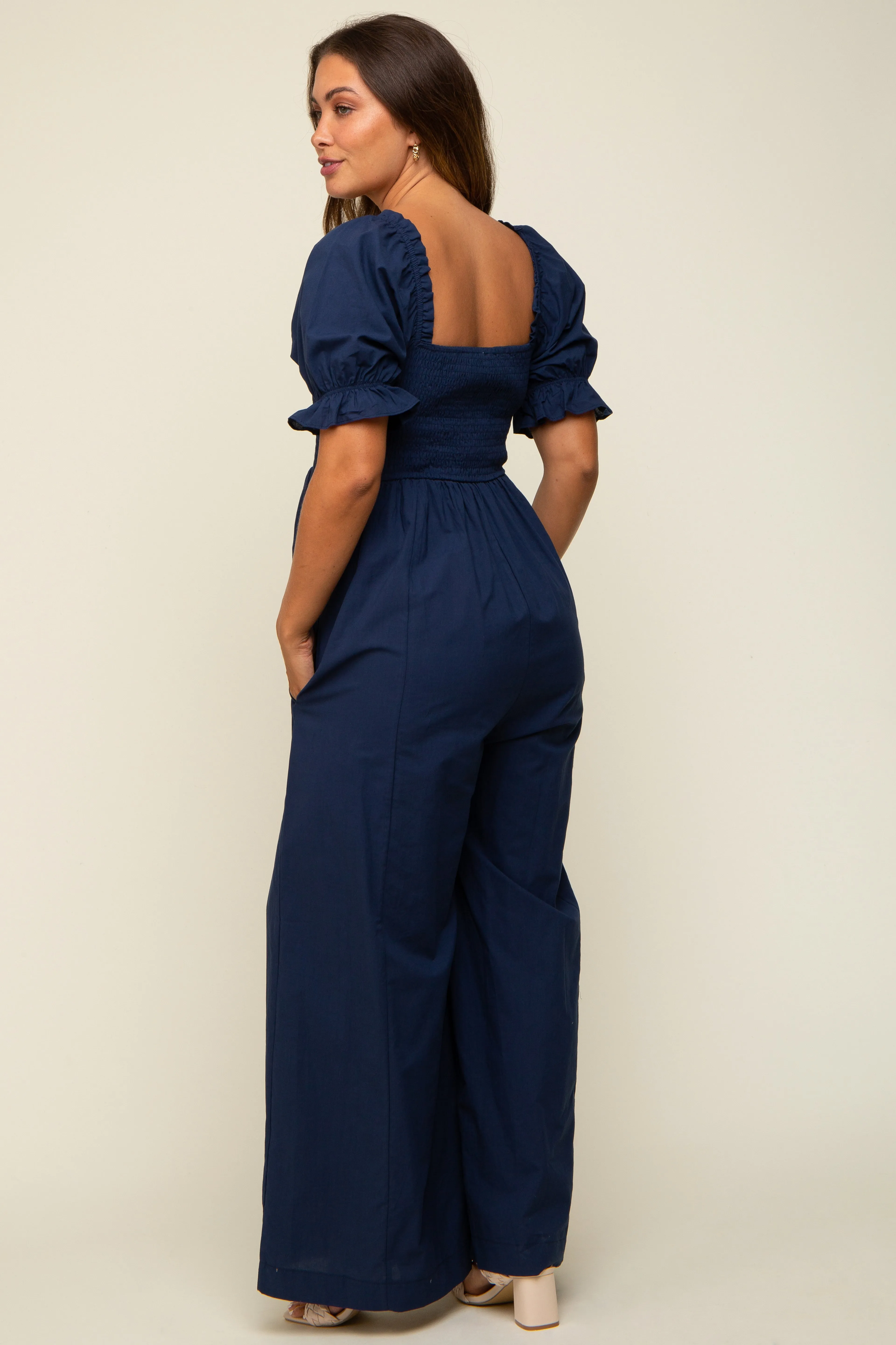 Navy Smocked Square Neck Wide Leg Maternity Jumpsuit sold by Pinkblush product image thumbnail 3