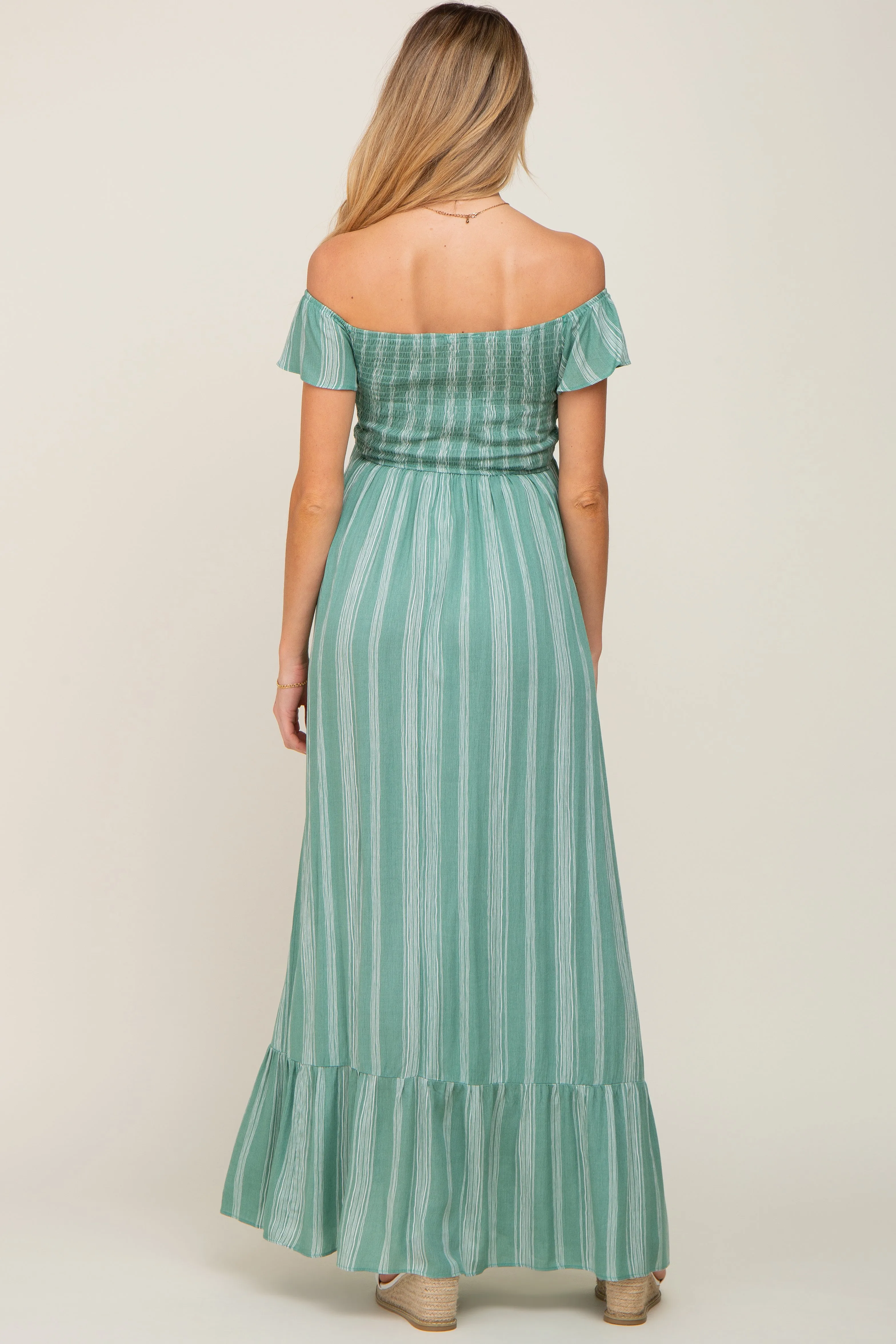 Green Striped Off Shoulder Front Tie Maternity Maxi Dress sold by Pinkblush product image thumbnail 3