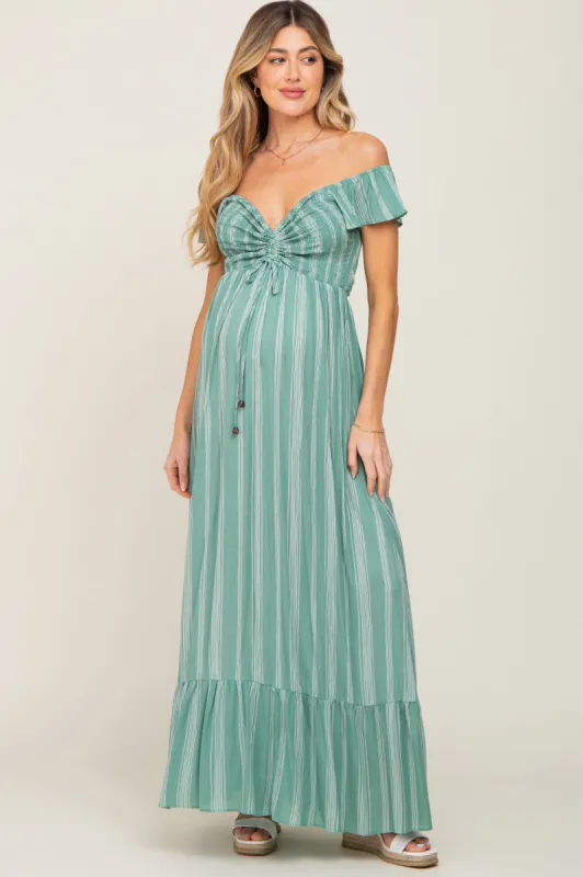 Green Striped Off Shoulder Front Tie Maternity Maxi Dress sold by Pinkblush