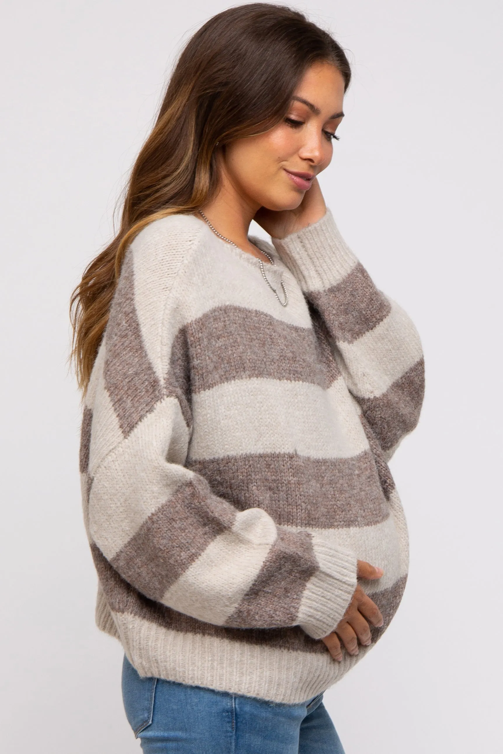Brown Striped Knit Cropped Maternity Sweater sold by Pinkblush product image thumbnail 3