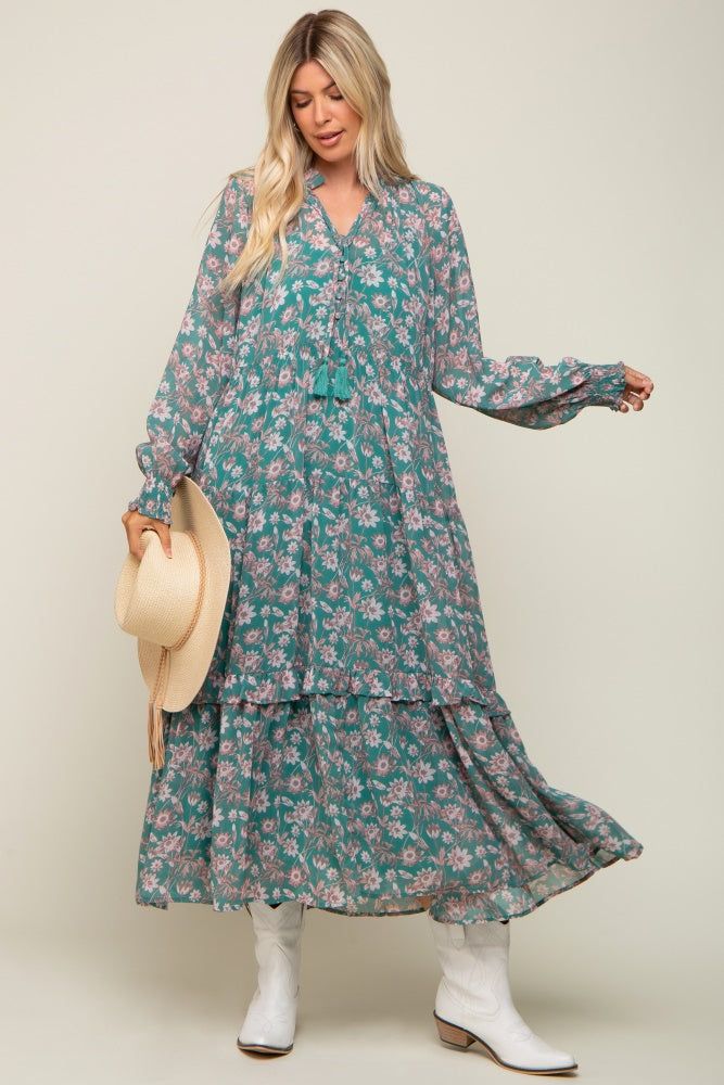 Jade Floral Chiffon Ruffle Trim Button Front Long Sleeve Midi Dress sold by Pinkblush product image thumbnail 4