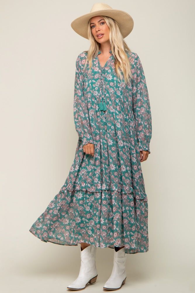 Jade Floral Chiffon Ruffle Trim Button Front Long Sleeve Midi Dress sold by Pinkblush