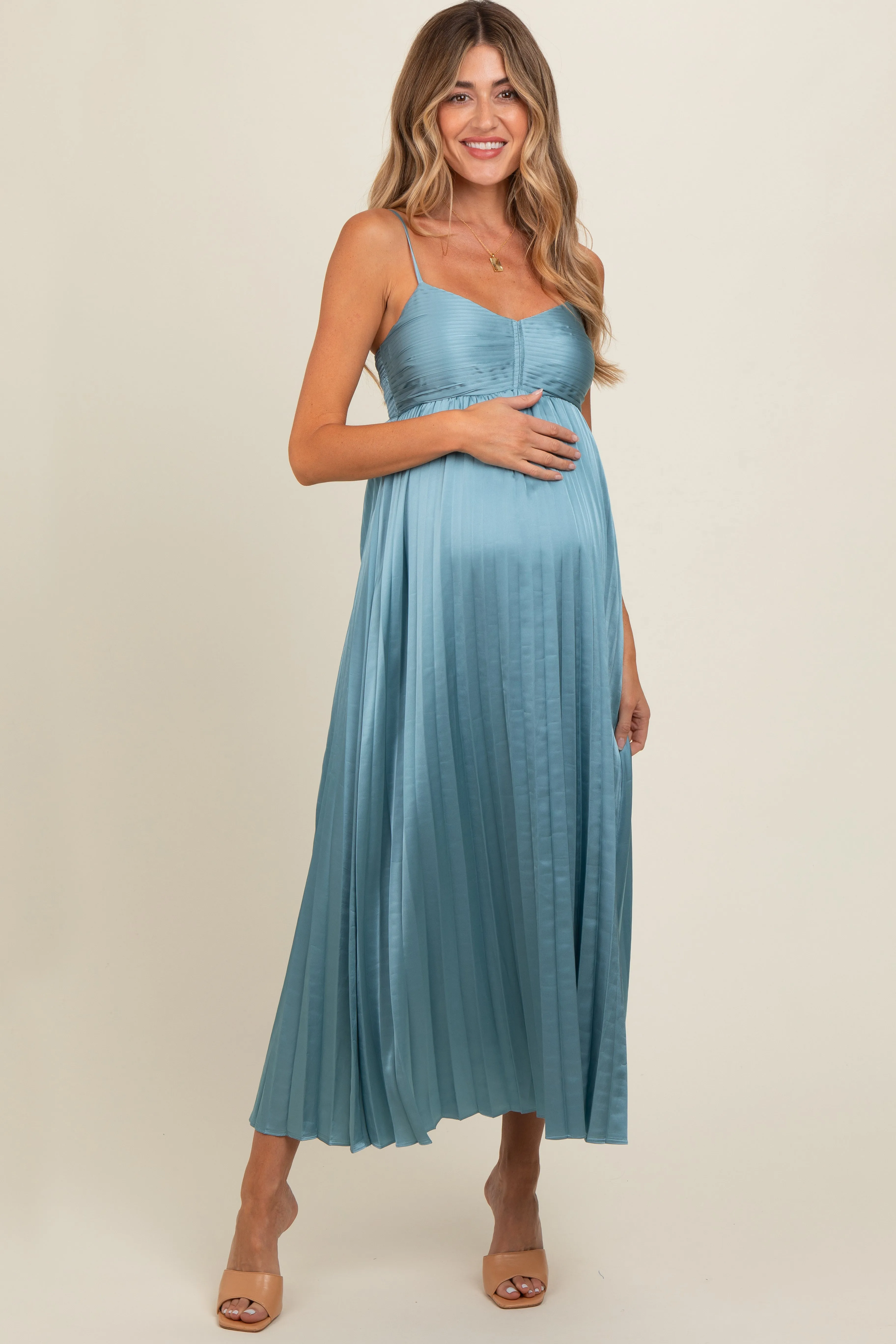 Blue Satin Pleated Maternity Midi Dress sold by Pinkblush product image thumbnail 2