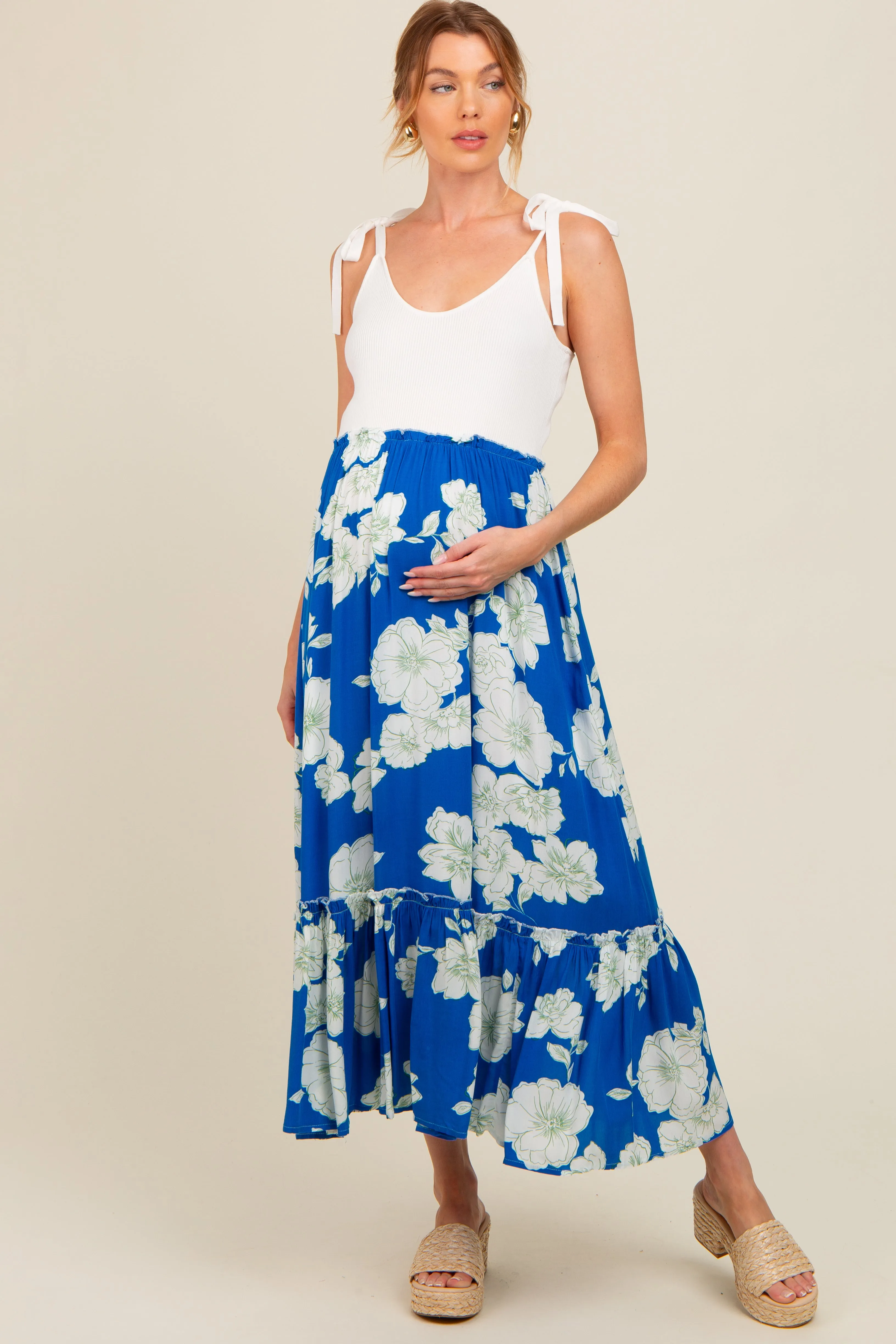 Royal Blue Floral Colorblock Maternity Midi Dress sold by Pinkblush product image thumbnail 2