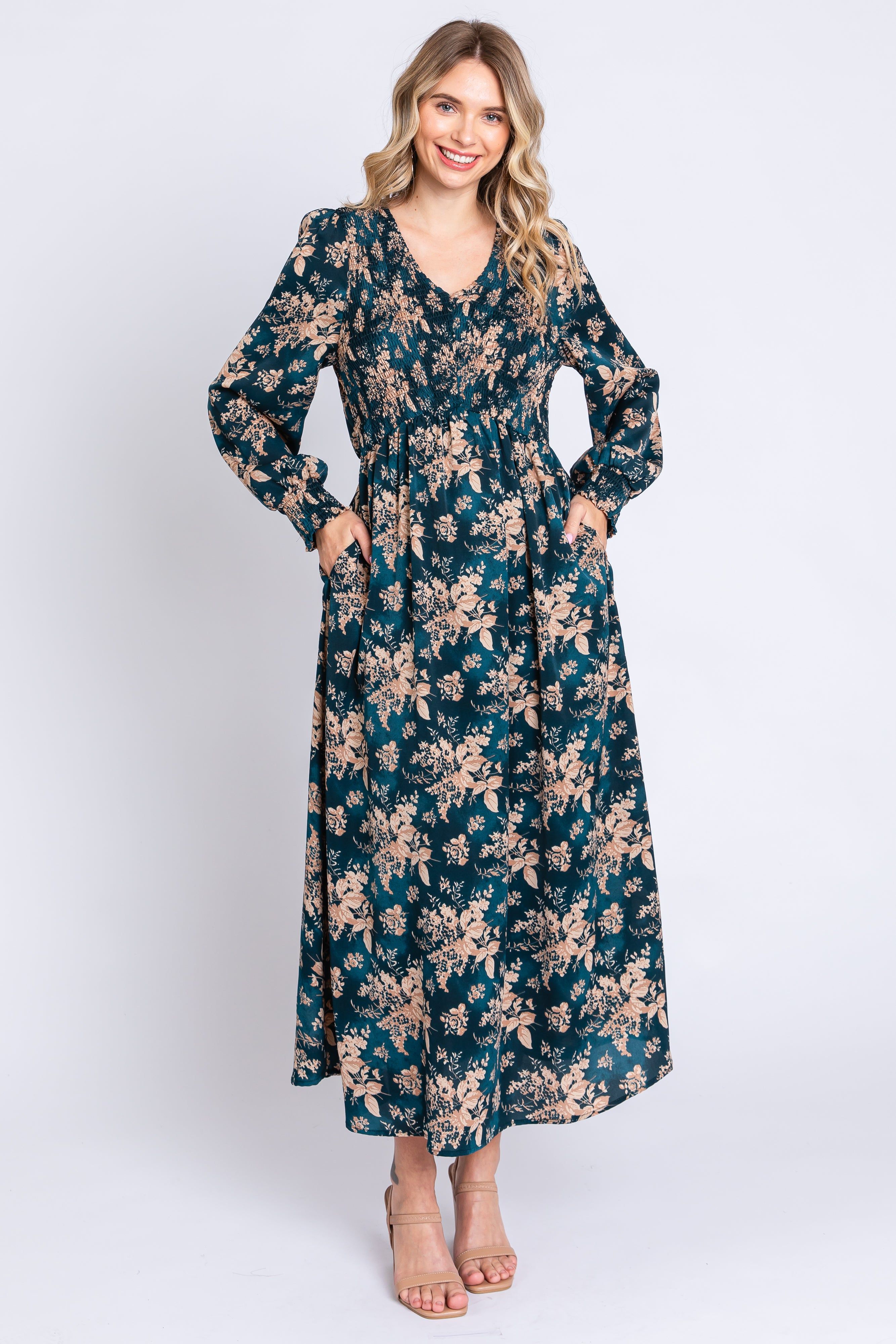 Teal Floral Long Sleeve Maxi Dress sold by Pinkblush