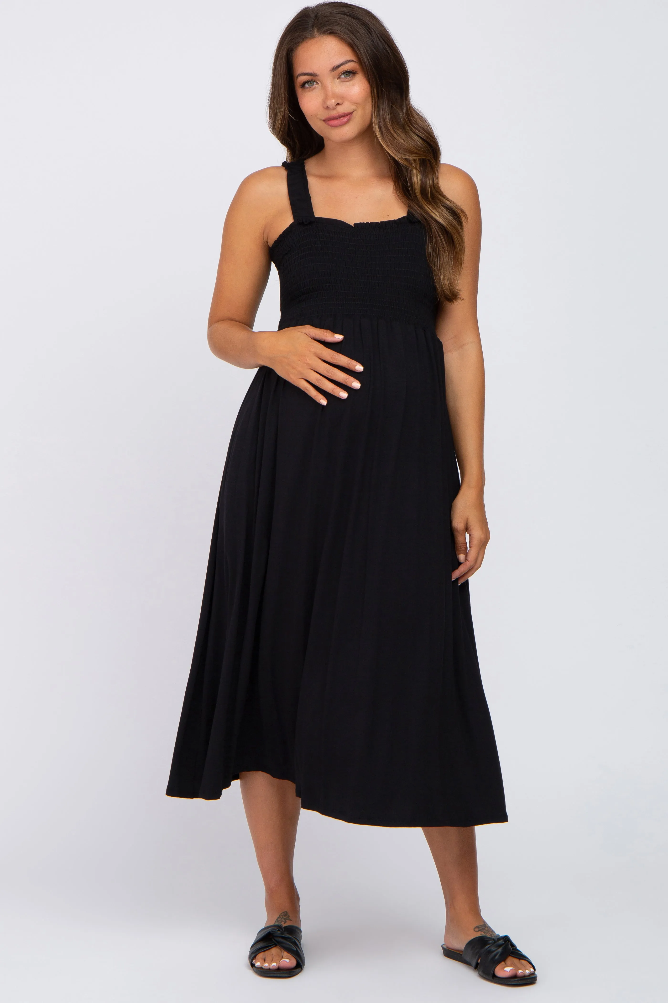 Black Smocked Ruffle Strap Maternity Midi Dress sold by Pinkblush
