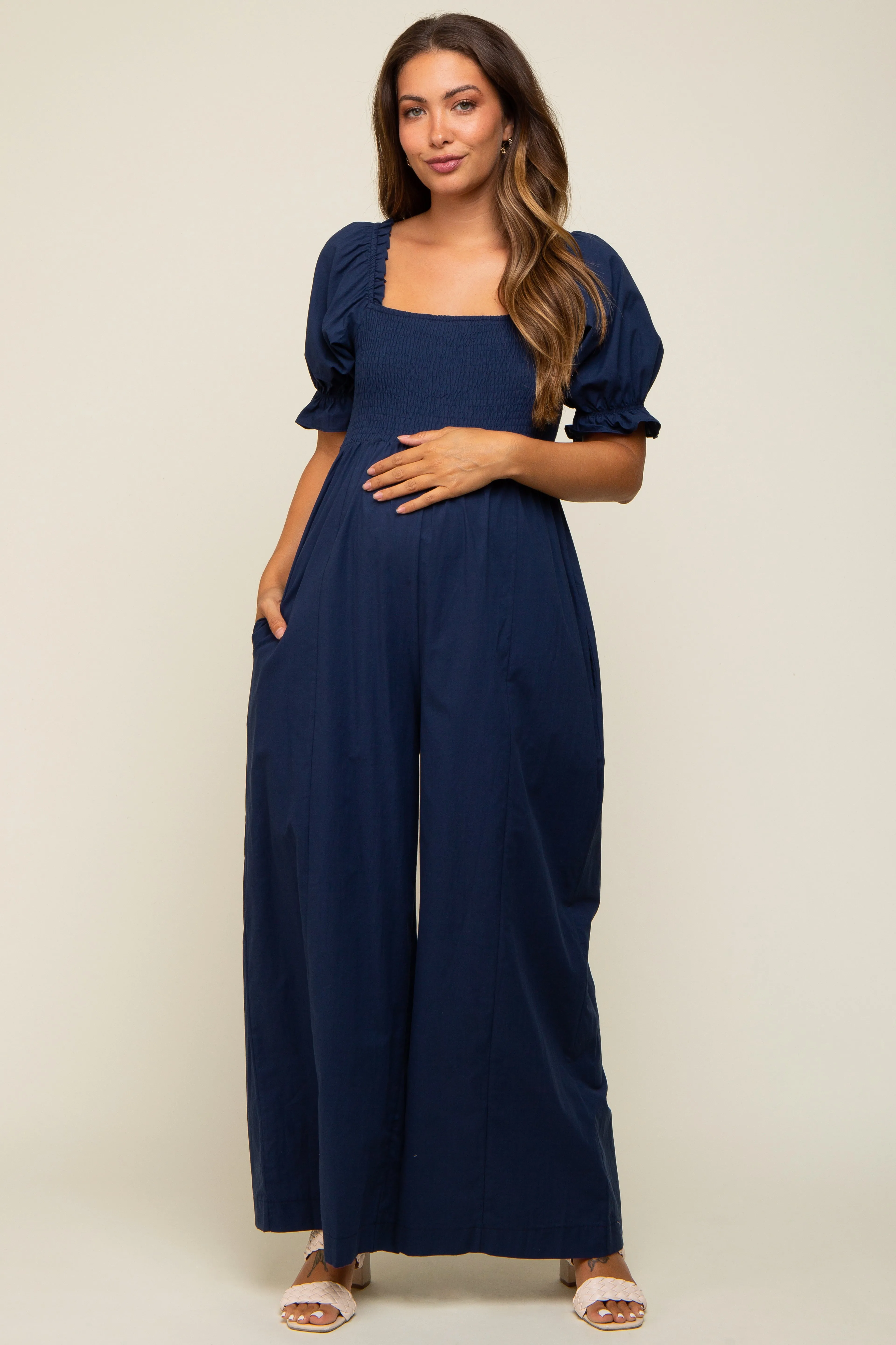 Navy Smocked Square Neck Wide Leg Maternity Jumpsuit sold by Pinkblush product image thumbnail 4