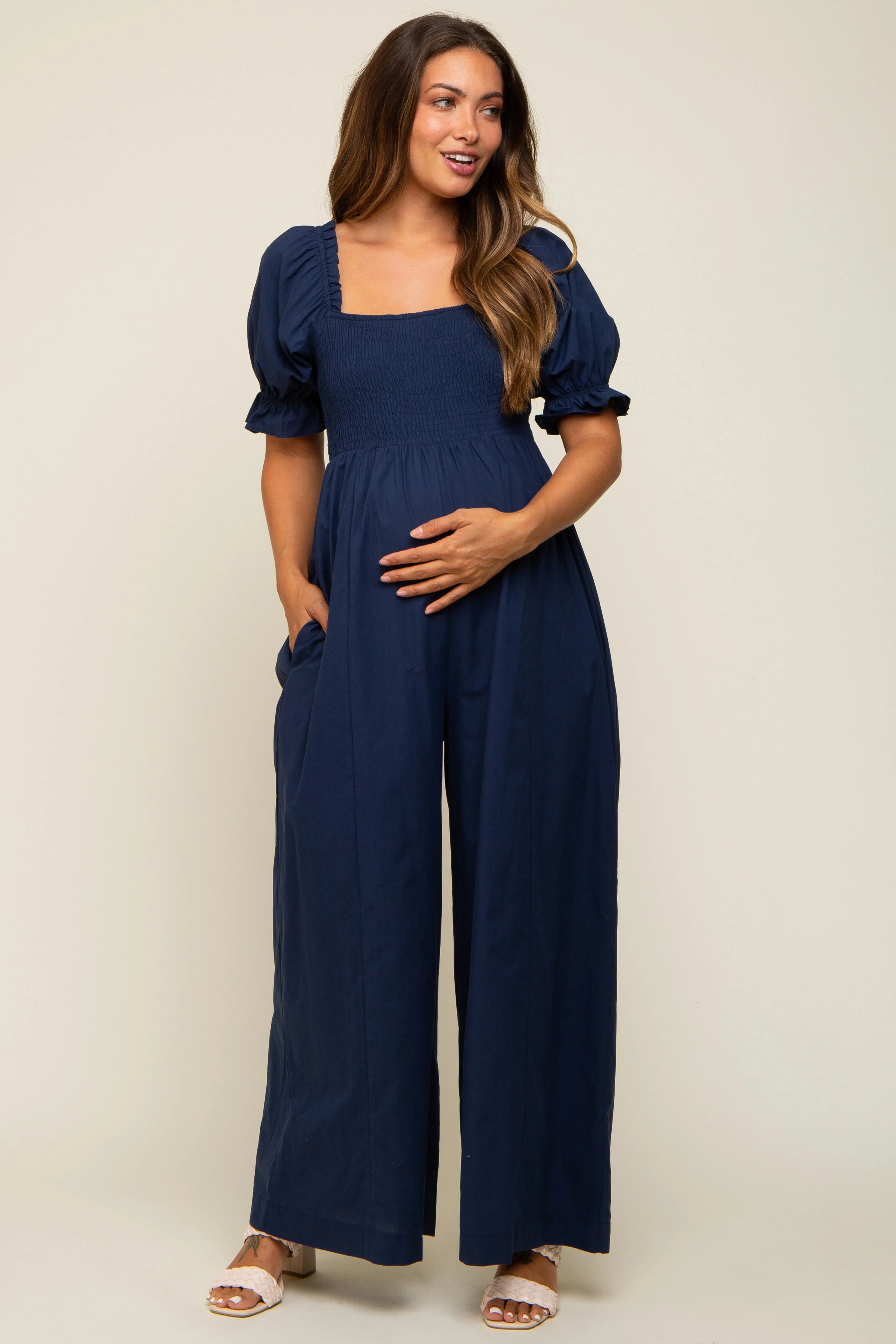 Navy Smocked Square Neck Wide Leg Maternity Jumpsuit sold by Pinkblush