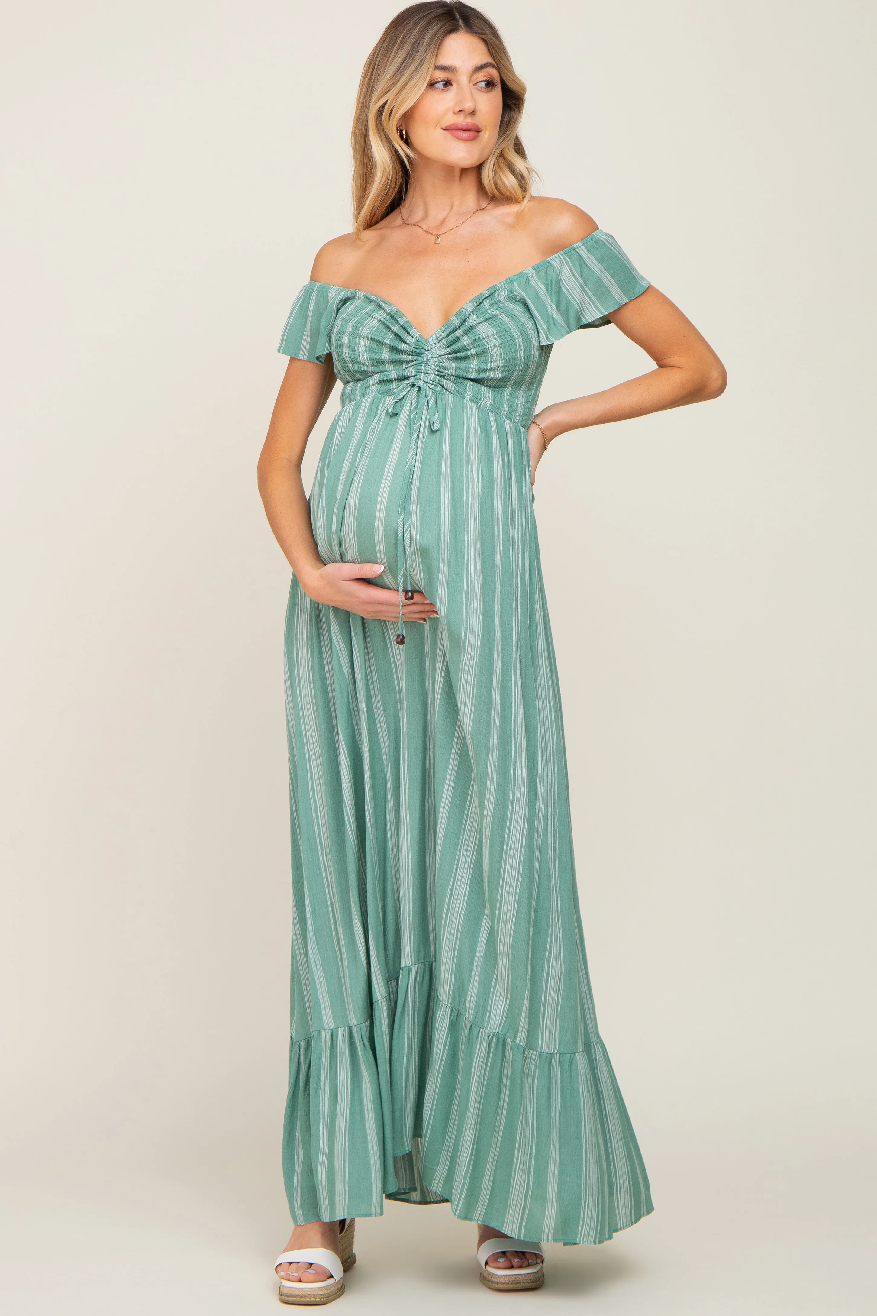 Green Striped Off Shoulder Front Tie Maternity Maxi Dress sold by Pinkblush product image thumbnail 4