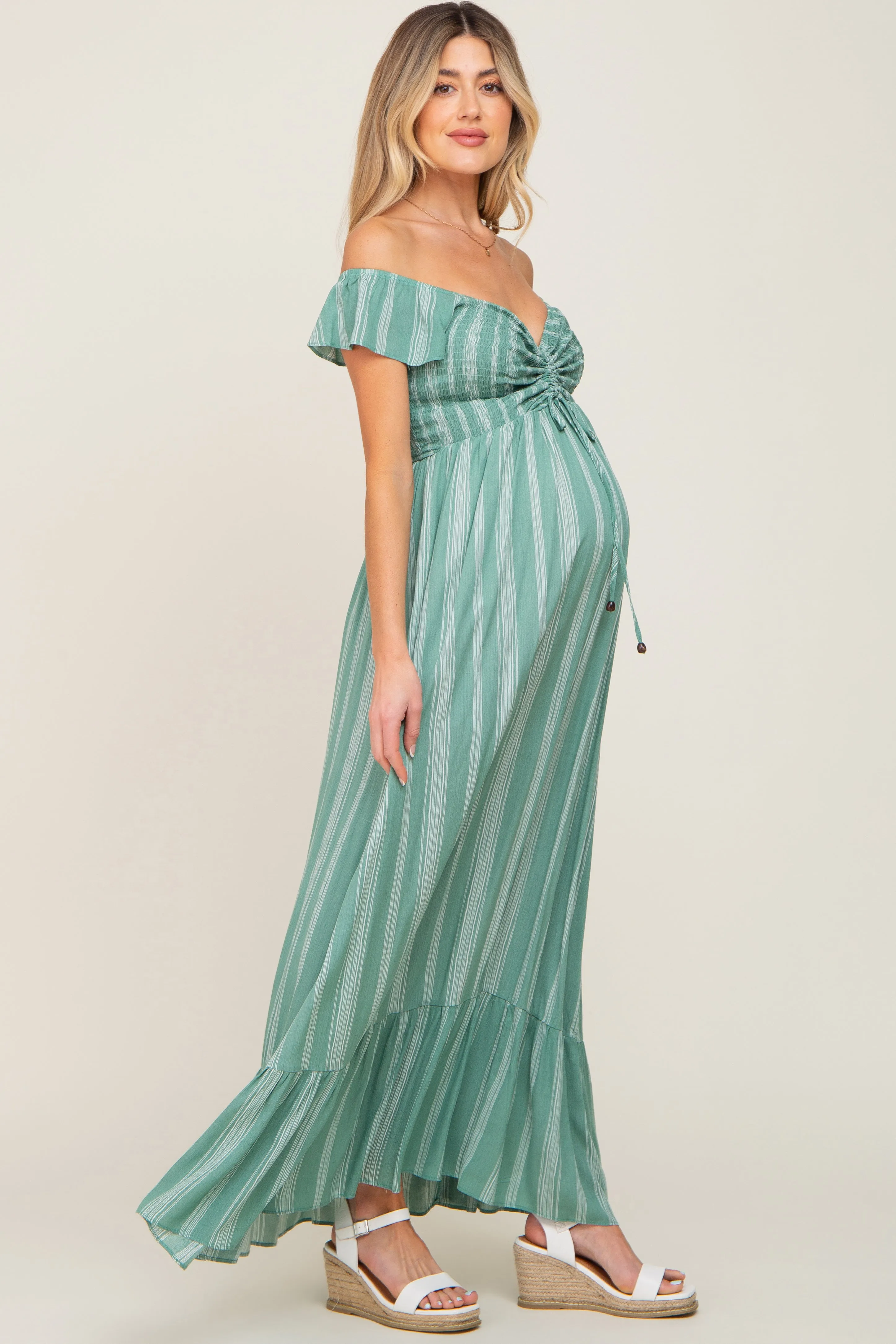 Green Striped Off Shoulder Front Tie Maternity Maxi Dress sold by Pinkblush product image thumbnail 2