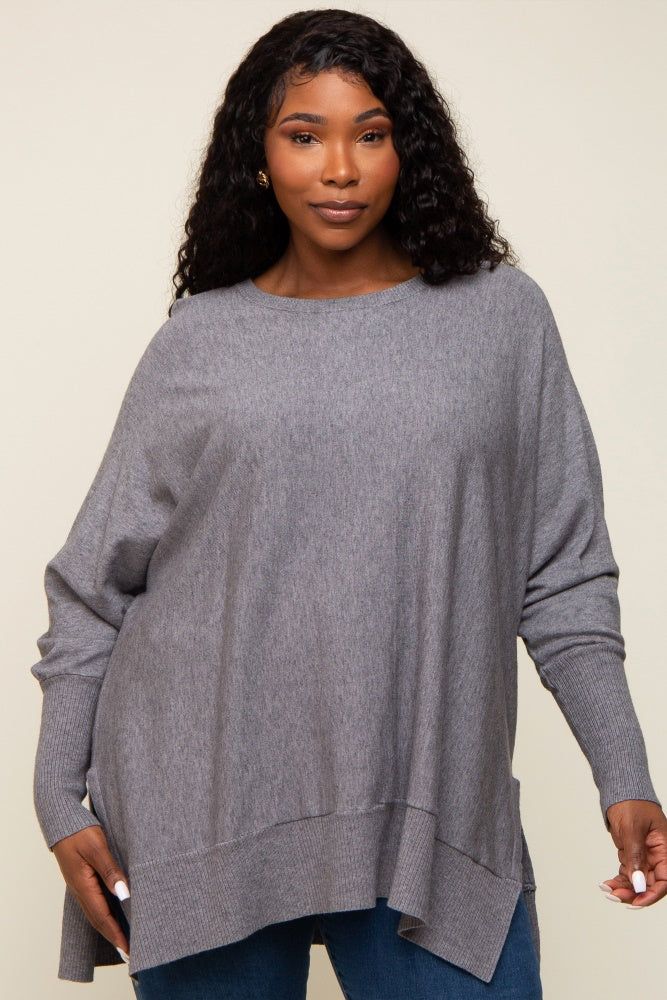 Charcoal Dolman Sleeve Side Slit Plus Sweater sold by Pinkblush