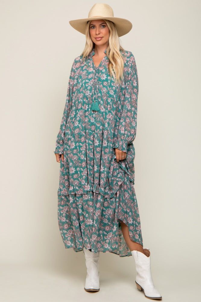 Jade Floral Chiffon Ruffle Trim Button Front Long Sleeve Midi Dress sold by Pinkblush product image thumbnail 5