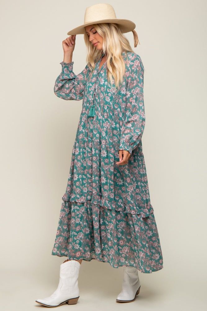 Jade Floral Chiffon Ruffle Trim Button Front Long Sleeve Midi Dress sold by Pinkblush product image thumbnail 2